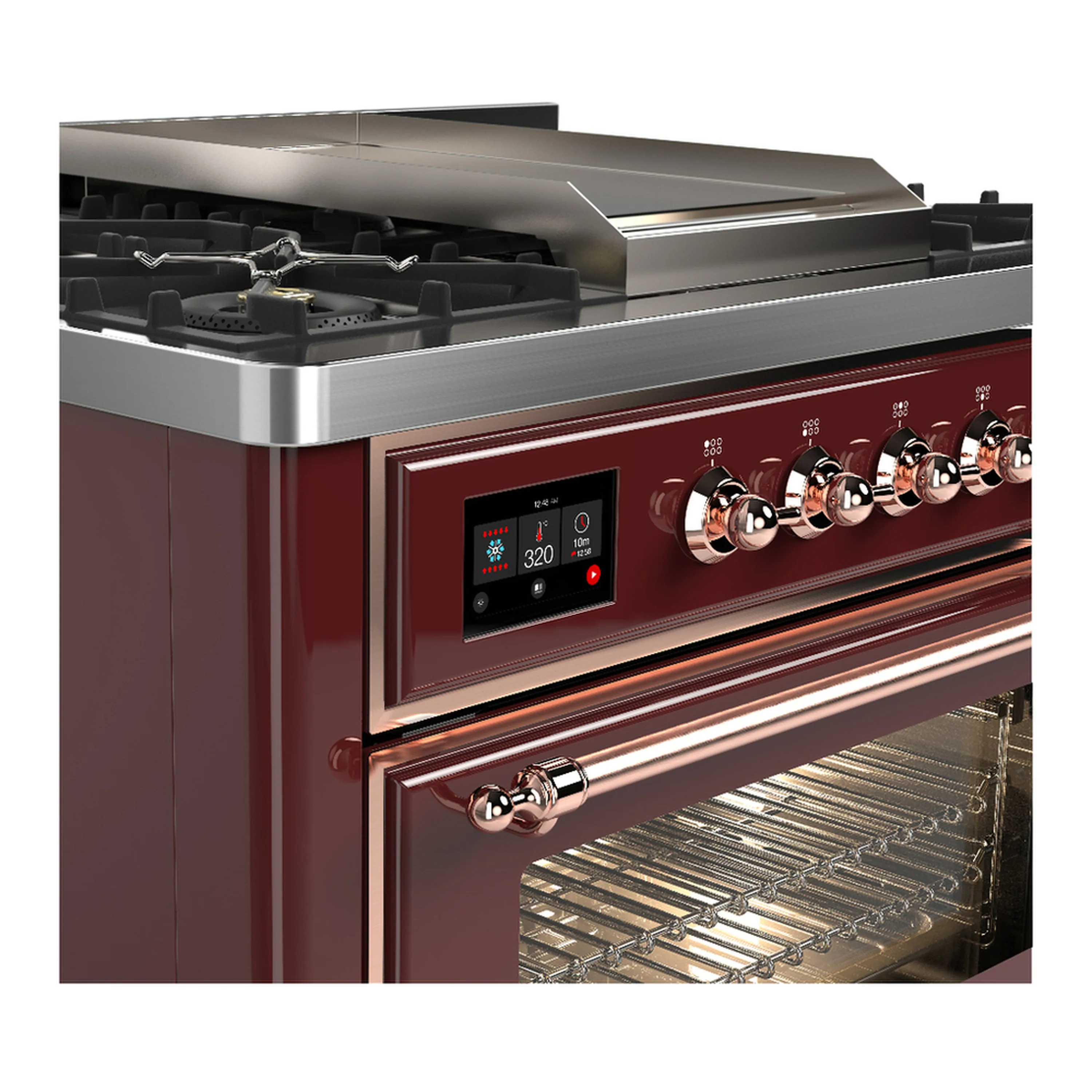 ILVE Majestic III 36-inch Dual Fuel Range with 6 Natural Gas Burner, Griddle and Triple Glass Door Electric Oven in Burgundy with Copper Trim (UM36FNR3BUP) - Image 5