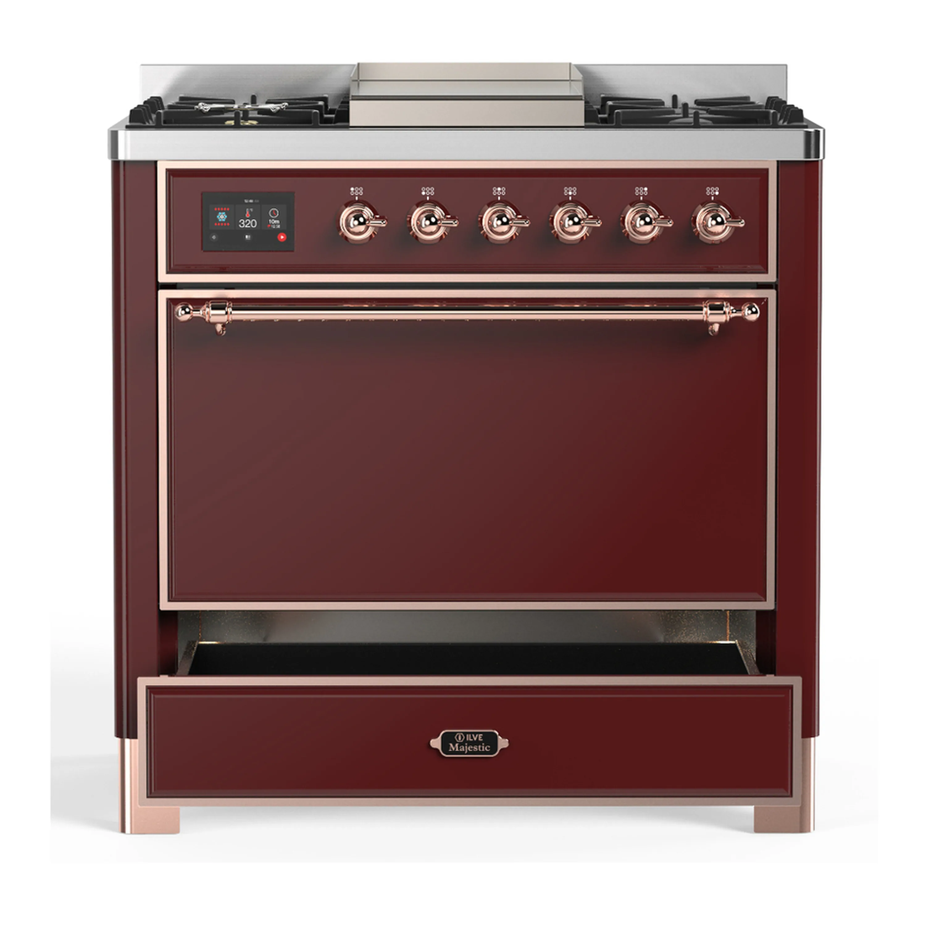 ILVE Majestic III 36-inch Dual Fuel Range with 6 Natural Gas Burner, Griddle and Solid Door Electric Oven in Burgundy with Copper Trim (UM36FQNR3BUP) - Image 3