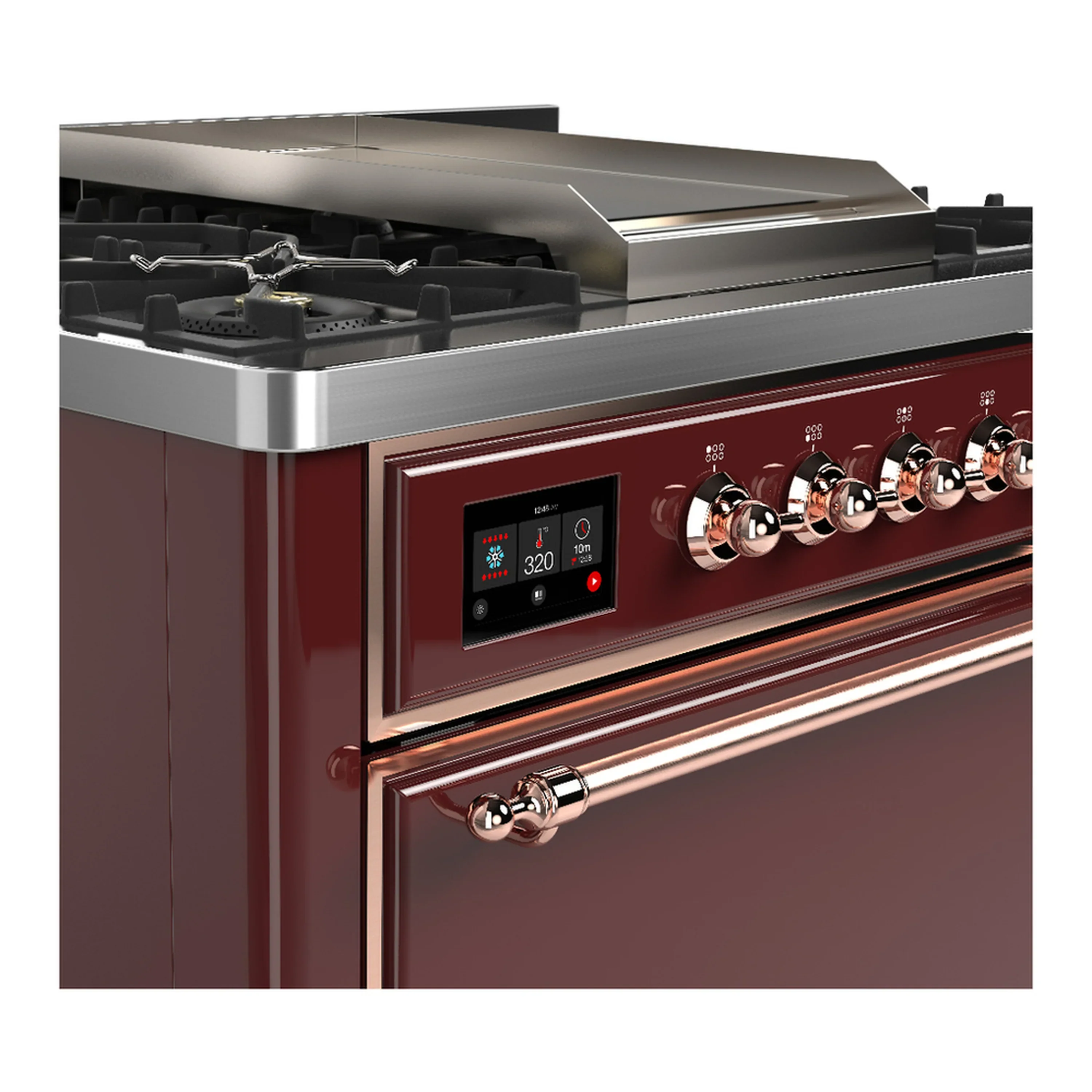 ILVE Majestic III 36-inch Dual Fuel Range with 6 Natural Gas Burner, Griddle and Solid Door Electric Oven in Burgundy with Copper Trim (UM36FQNR3BUP) - Image 5
