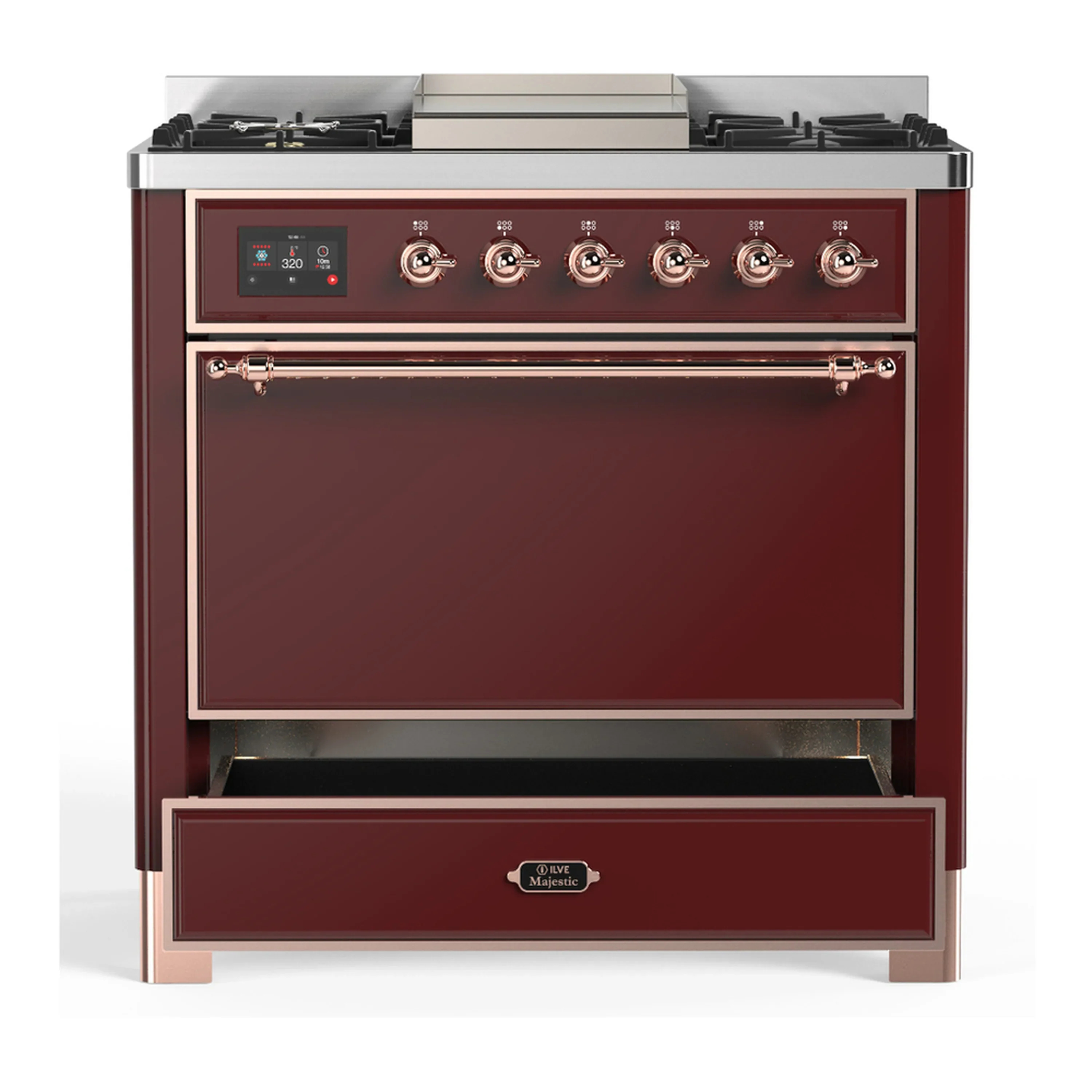 ILVE Majestic III 36-inch Dual Fuel Range with 5 Liquid Propane Burner, Griddle and Solid Door Electric Oven in Burgundy with Copper Trim (UM36FQNR3BUPLP) - Image 3
