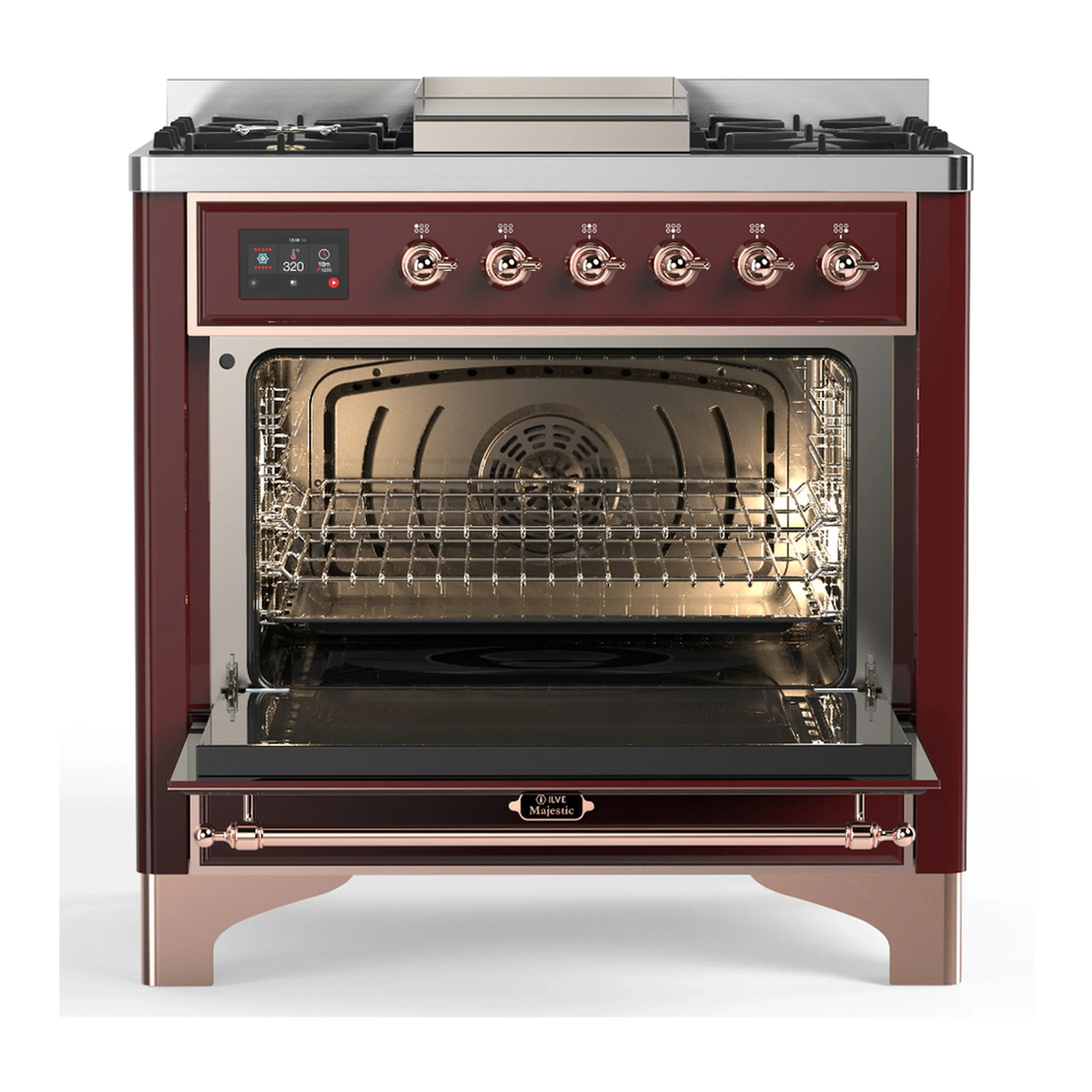 ILVE Majestic III 36-inch Dual Fuel Range with 5 Liquid Propane Burner, Griddle and Solid Door Electric Oven in Burgundy with Copper Trim (UM36FQNR3BUPLP) - Image 4