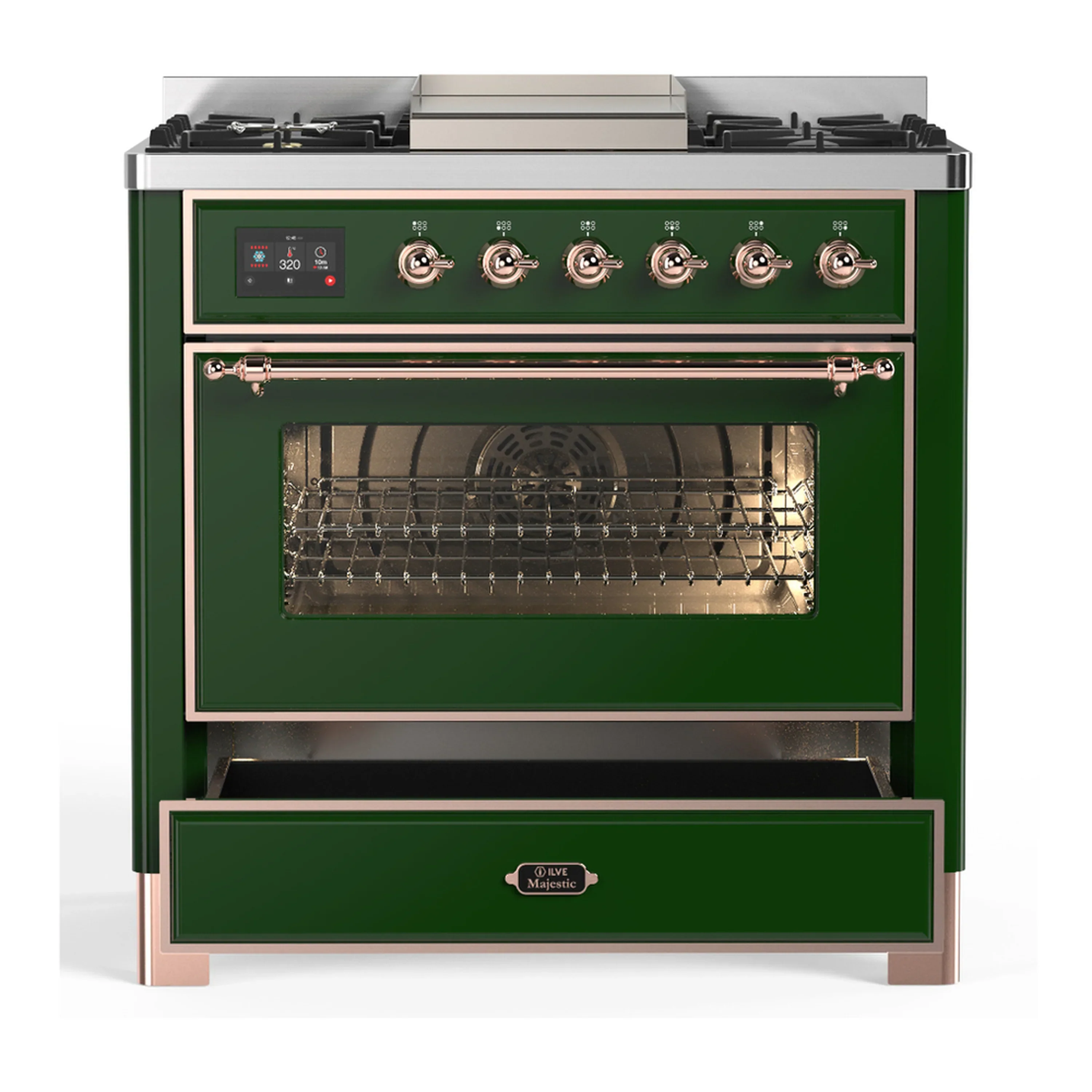 ILVE Majestic III 36-inch Dual Fuel Range with 6 Natural Gas Burner, Griddle and Triple Glass Door Electric Oven in Emerald Green with Copper Trim (UM36FNR3EGP) - Image 3