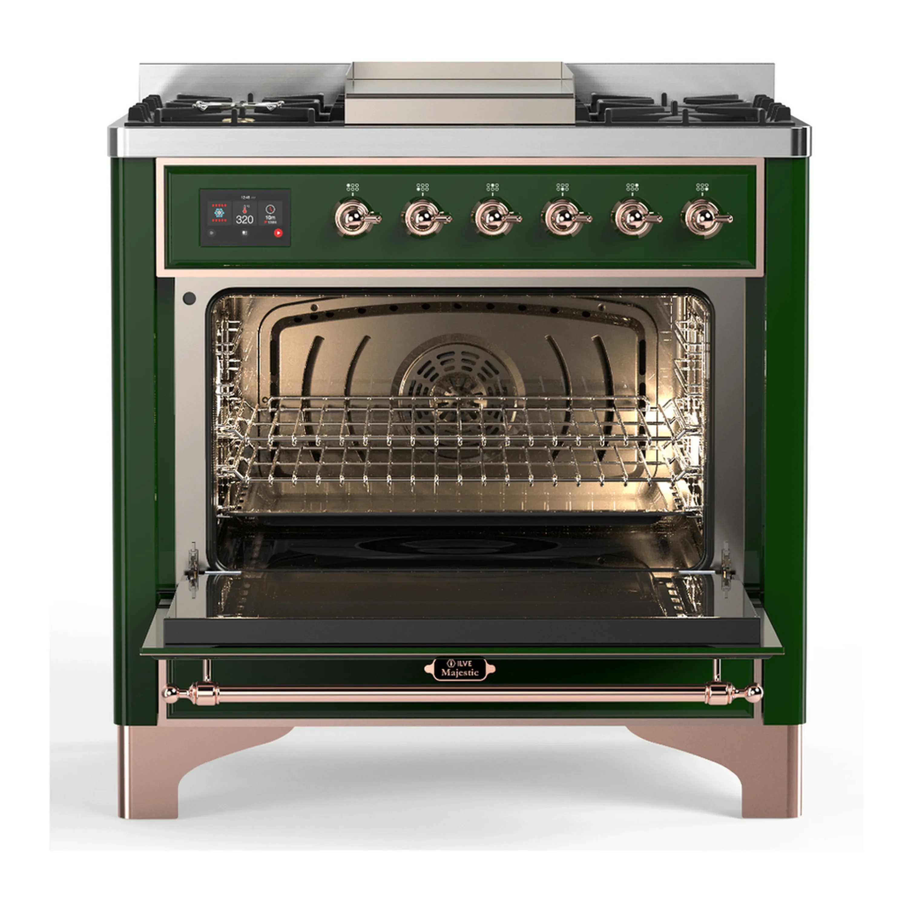 ILVE Majestic III 36-inch Dual Fuel Range with 6 Natural Gas Burner, Griddle and Triple Glass Door Electric Oven in Emerald Green with Copper Trim (UM36FNR3EGP) - Image 4