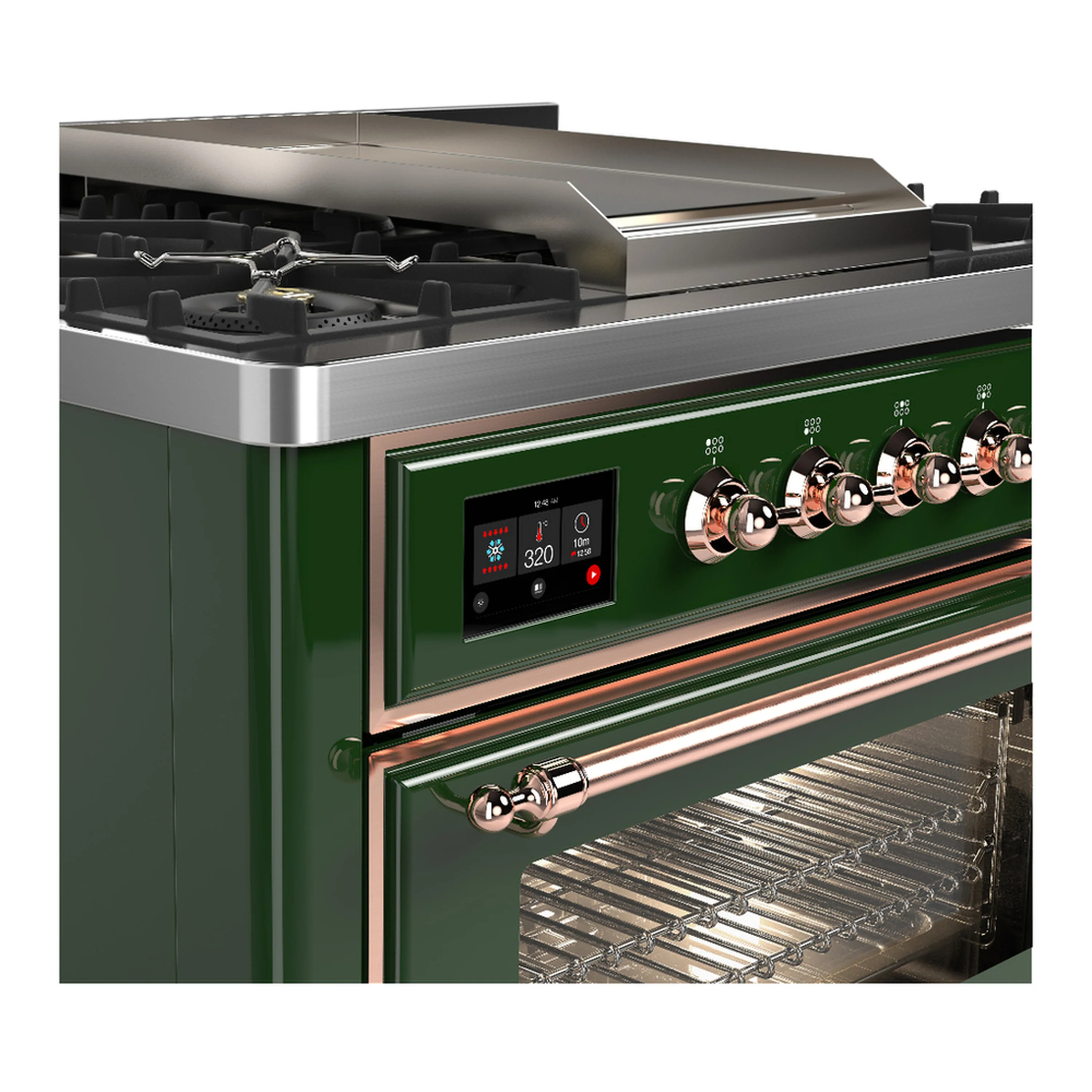 ILVE Majestic III 36-inch Dual Fuel Range with 6 Natural Gas Burner, Griddle and Triple Glass Door Electric Oven in Emerald Green with Copper Trim (UM36FNR3EGP) - Image 5