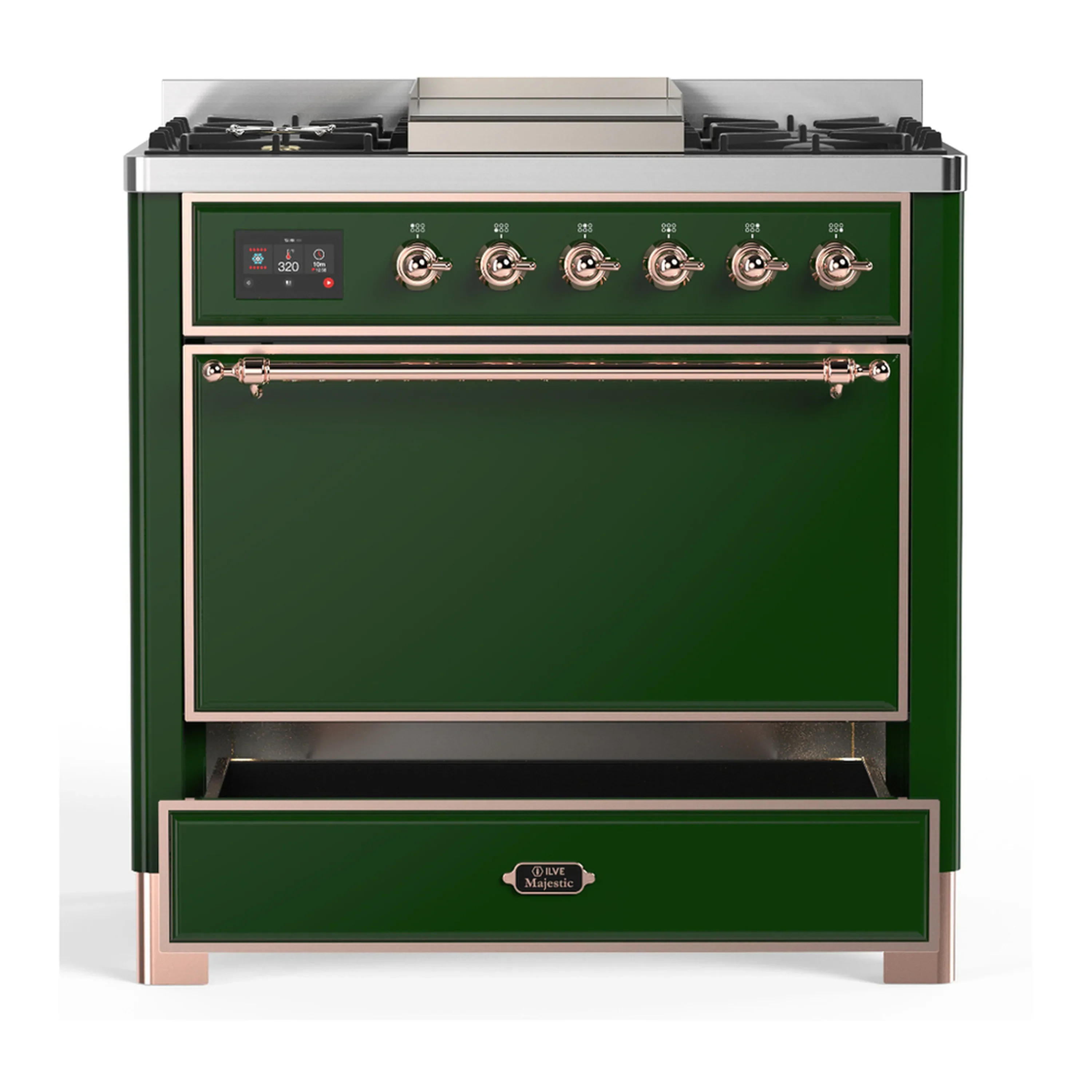ILVE Majestic III 36-inch Dual Fuel Range with 6 Natural Gas Burner, Griddle and Solid Door Electric Oven in Emerald Green with Copper Trim (UM36FQNR3EGP) - Image 3