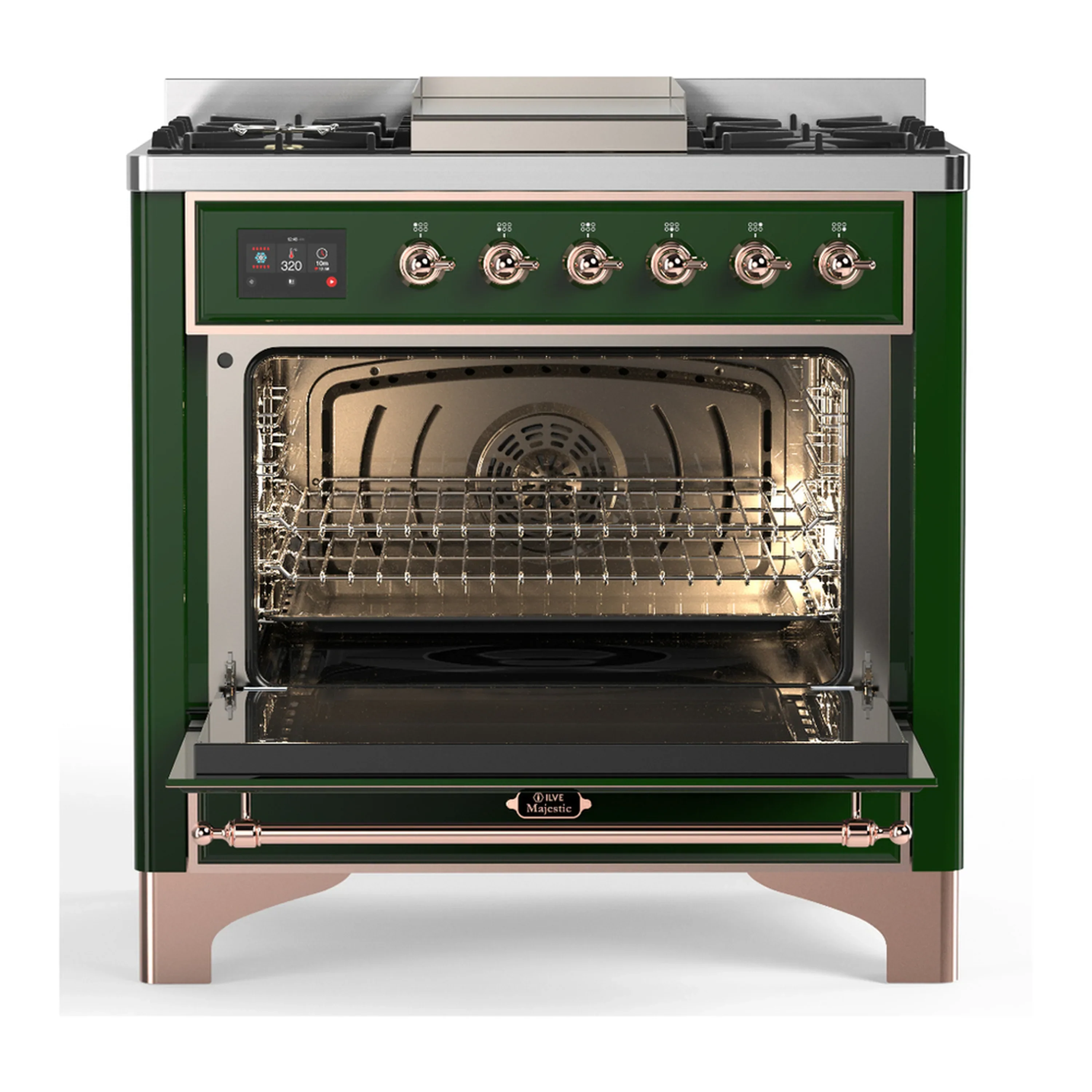 ILVE Majestic III 36-inch Dual Fuel Range with 6 Natural Gas Burner, Griddle and Solid Door Electric Oven in Emerald Green with Copper Trim (UM36FQNR3EGP) - Image 4