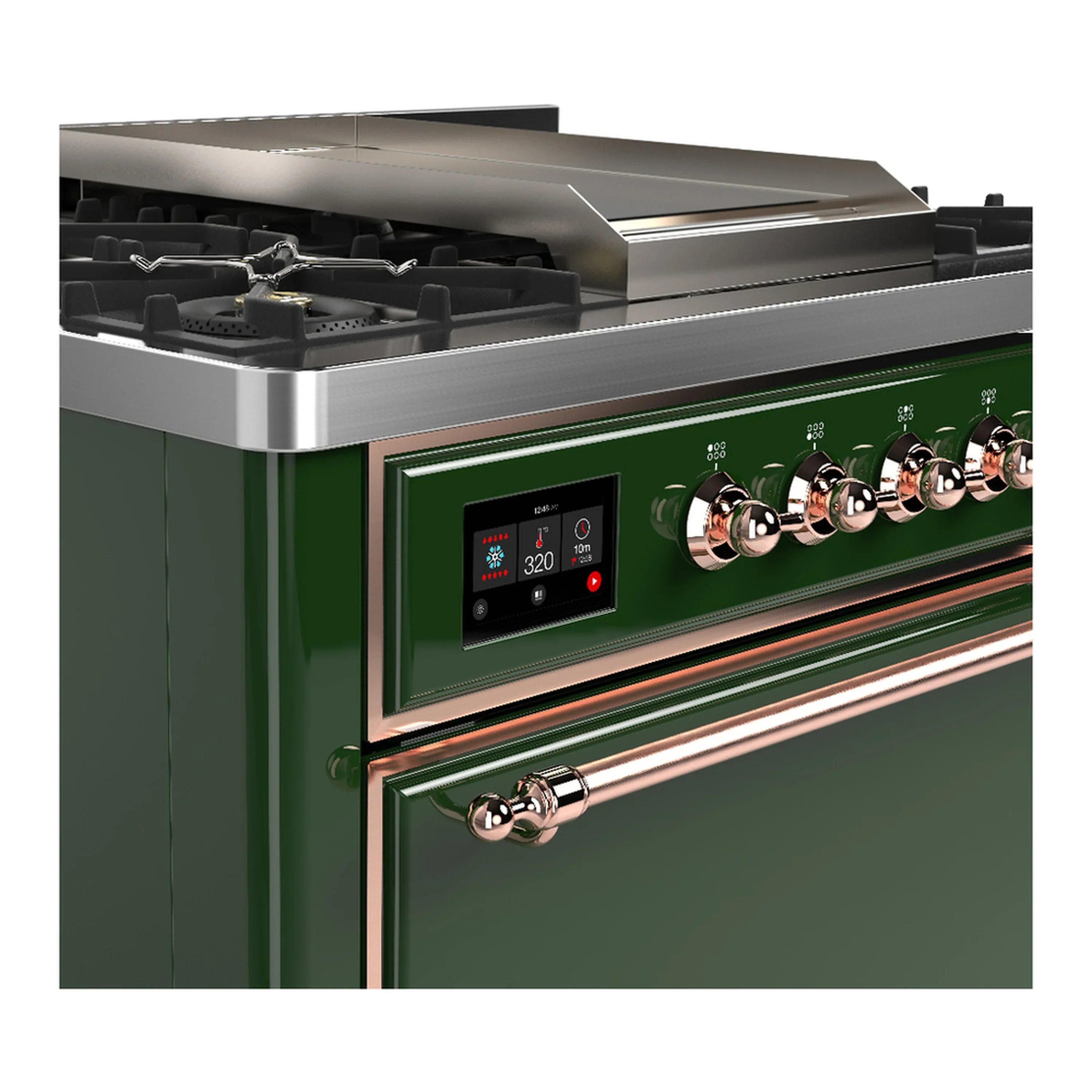 ILVE Majestic III 36-inch Dual Fuel Range with 6 Natural Gas Burner, Griddle and Solid Door Electric Oven in Emerald Green with Copper Trim (UM36FQNR3EGP) - Image 5