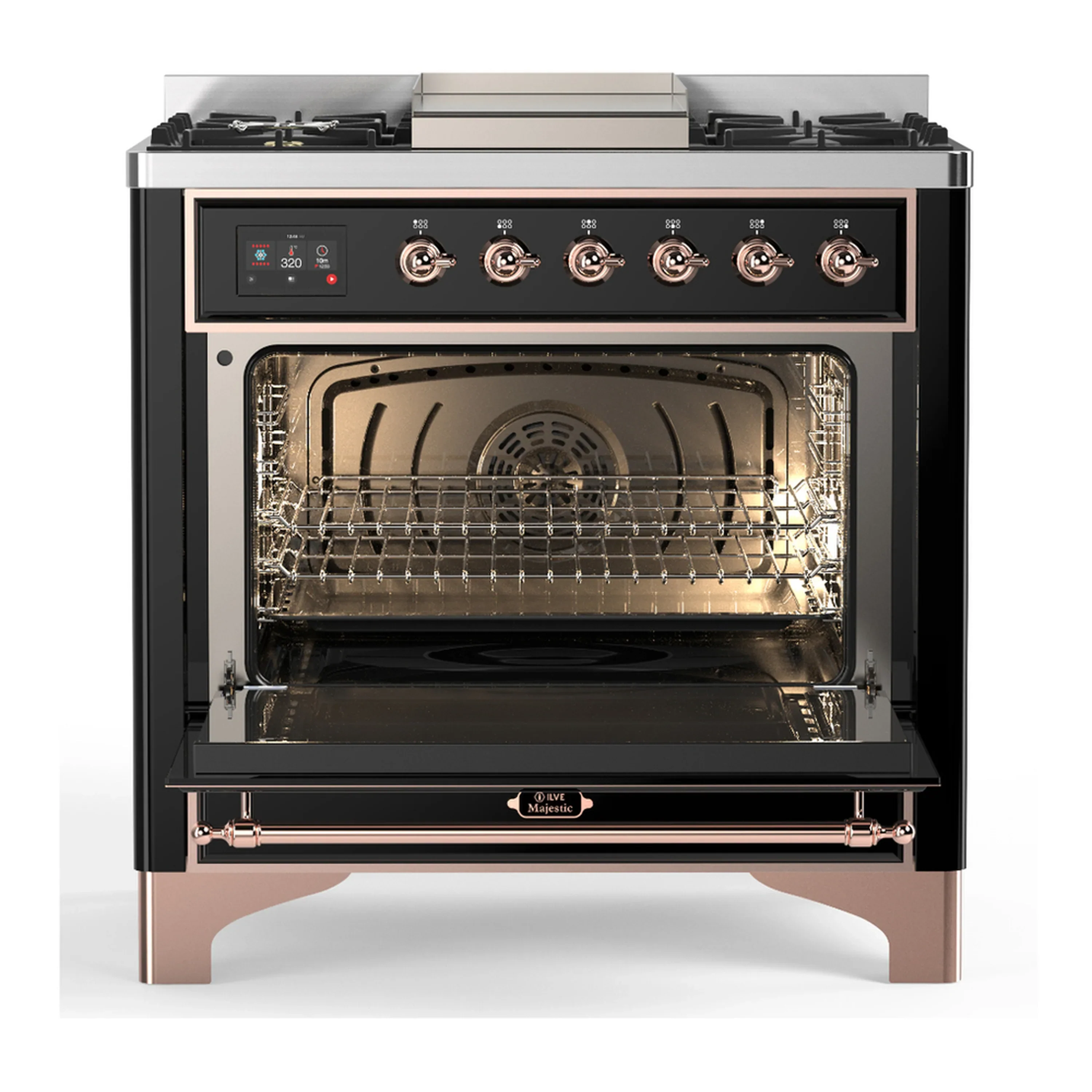 ILVE Majestic III 36-inch Dual Fuel Range with 6 Natural Gas Burner, Griddle and Triple Glass Door Electric Oven in Glossy Black with Copper Trim (UM36FNR3BKP) - Image 4