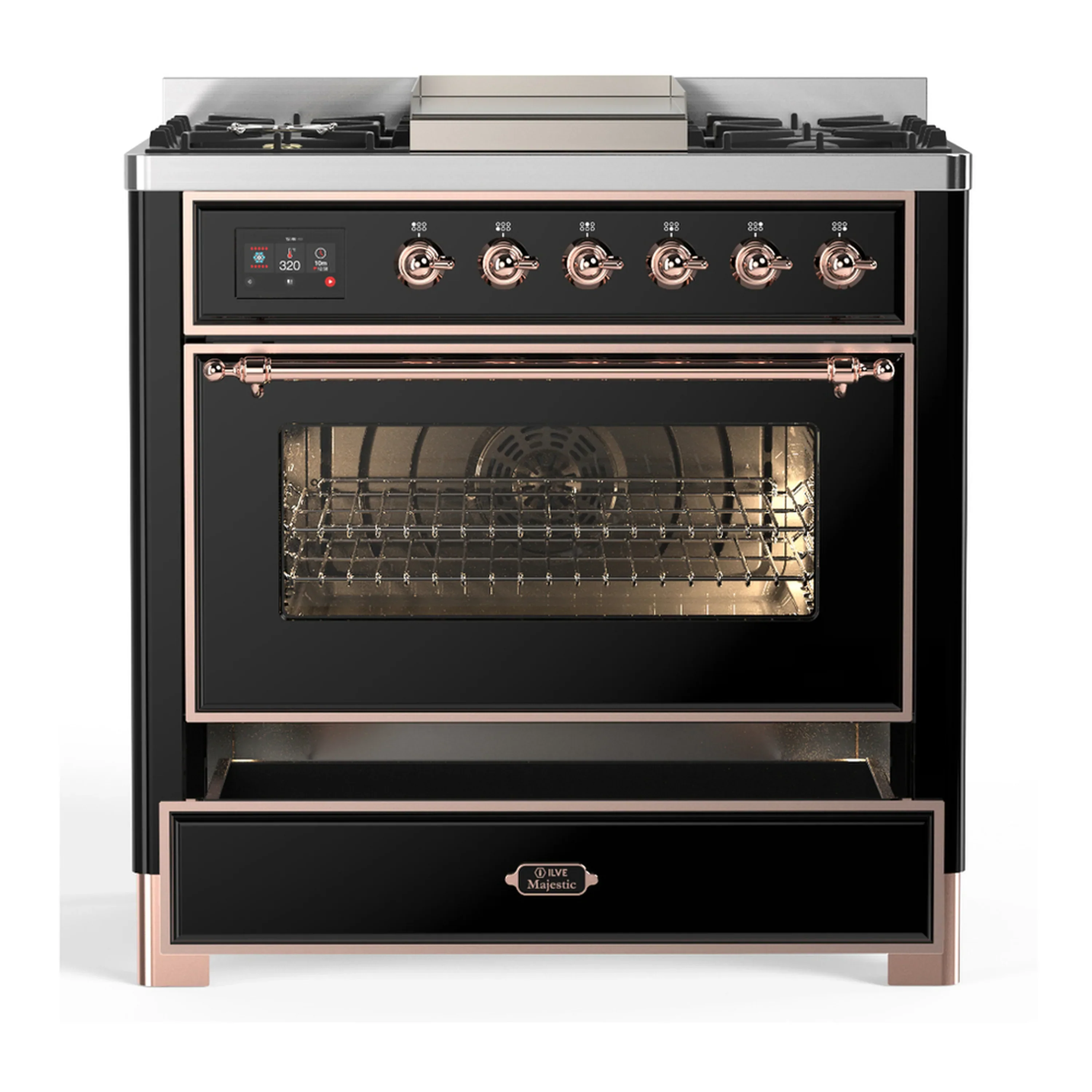 ILVE Majestic III 36-inch Dual Fuel Range with 5 Liquid Propane Burner, Griddle and Triple Glass Door Electric Oven in Glossy Black with Copper Trim (UM36FNR3BKPLP) - Image 3