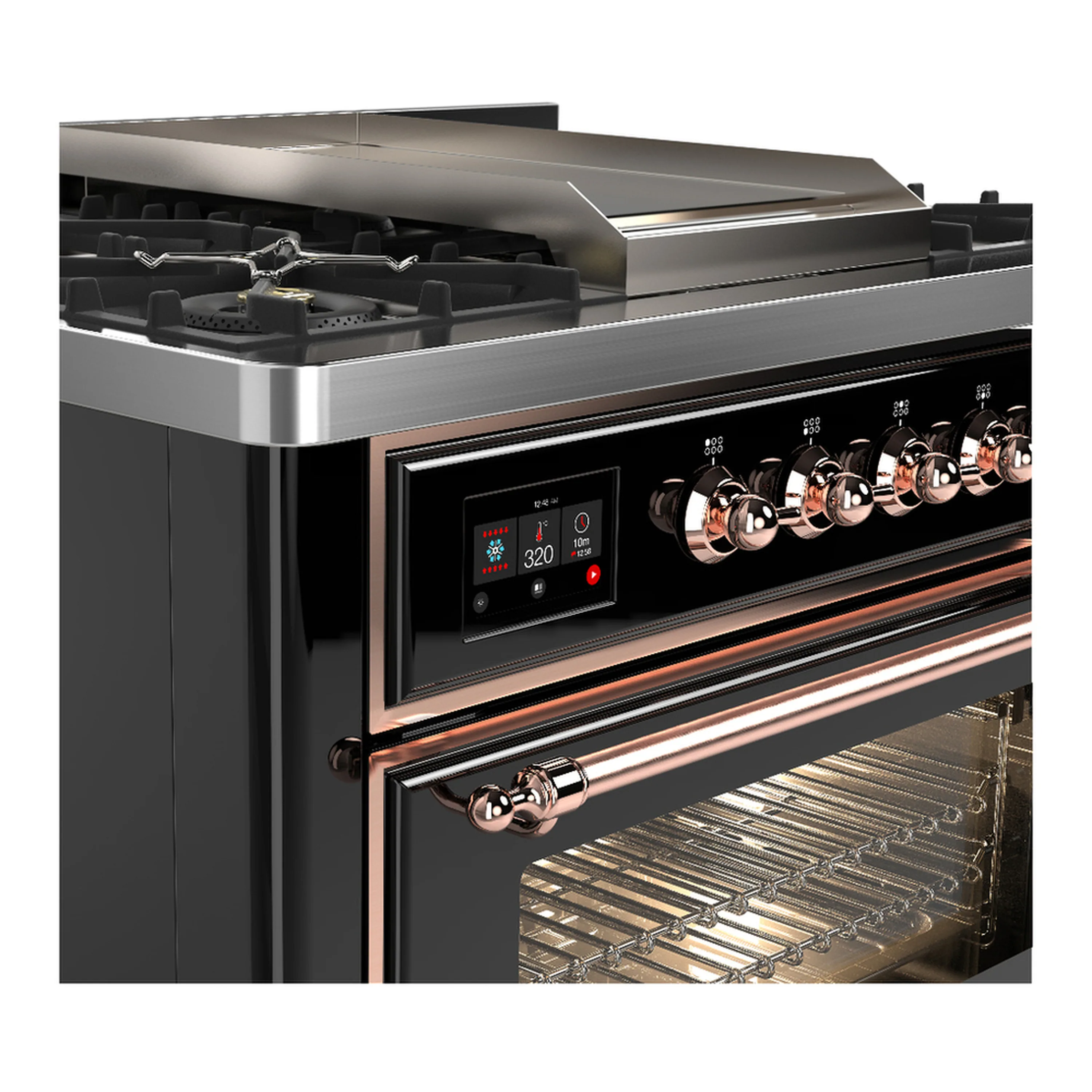 ILVE Majestic III 36-inch Dual Fuel Range with 5 Liquid Propane Burner, Griddle and Triple Glass Door Electric Oven in Glossy Black with Copper Trim (UM36FNR3BKPLP) - Image 5