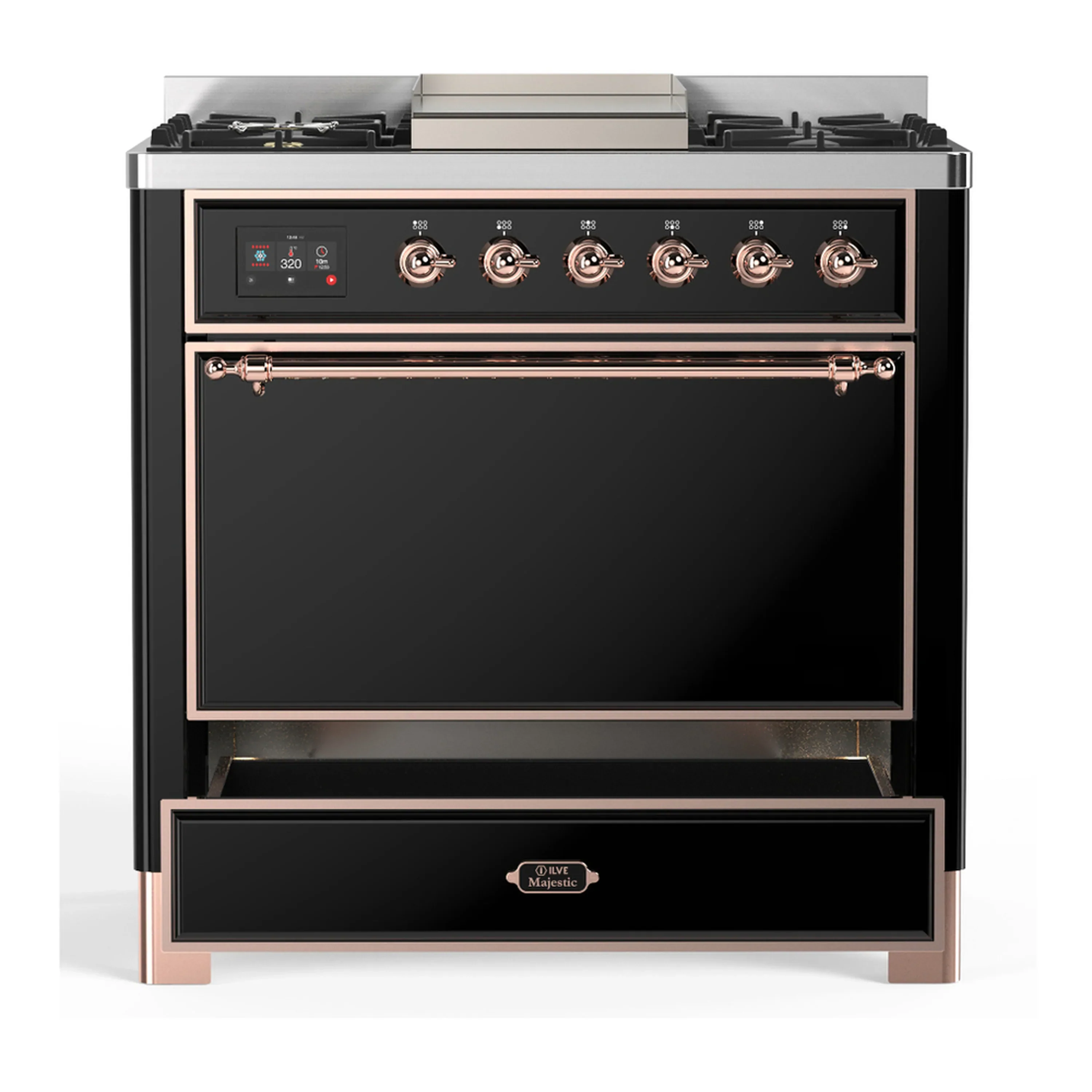 ILVE Majestic III 36-inch Dual Fuel Range with 6 Natural Gas Burner, Griddle and Solid Door Electric Oven in Glossy Black with Copper Trim (UM36FQNR3BKP) - Image 3