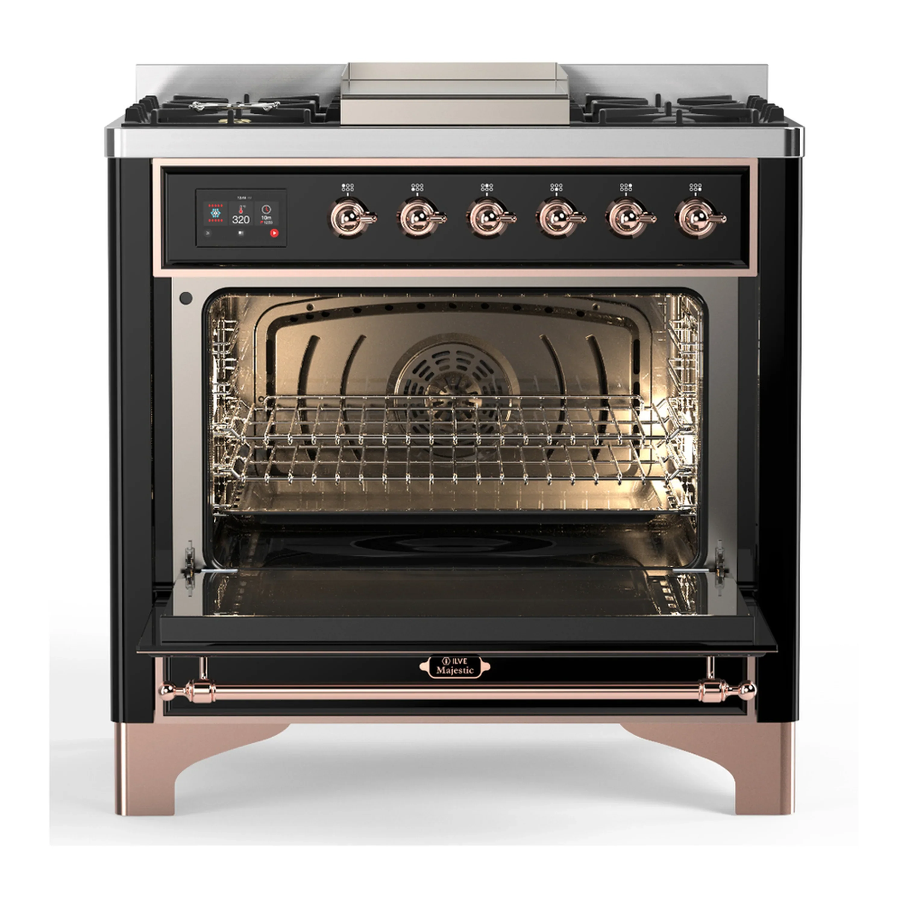 ILVE Majestic III 36-inch Dual Fuel Range with 5 Liquid Propane Burner, Griddle and Solid Door Electric Oven in Glossy Black with Copper Trim (UM36FQNR3BKPLP) - Image 4