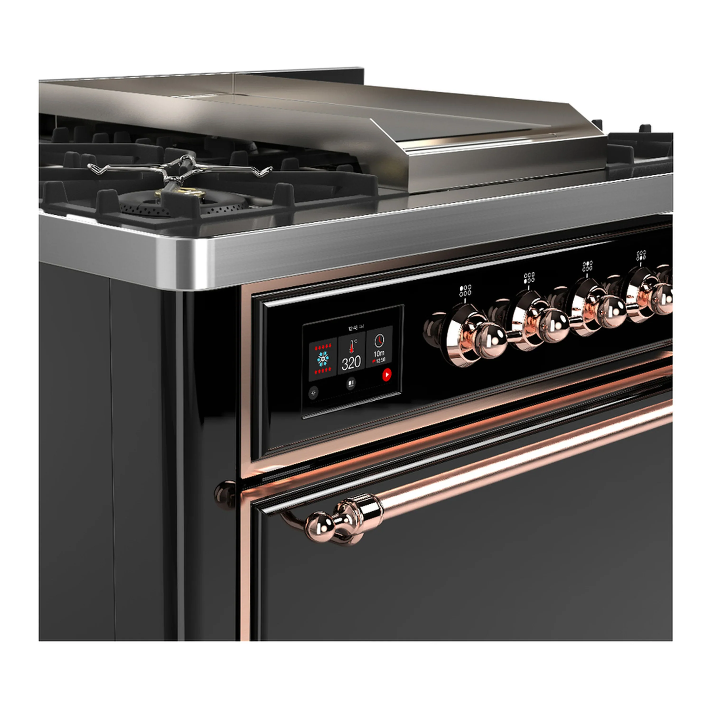 ILVE Majestic III 36-inch Dual Fuel Range with 5 Liquid Propane Burner, Griddle and Solid Door Electric Oven in Glossy Black with Copper Trim (UM36FQNR3BKPLP) - Image 5