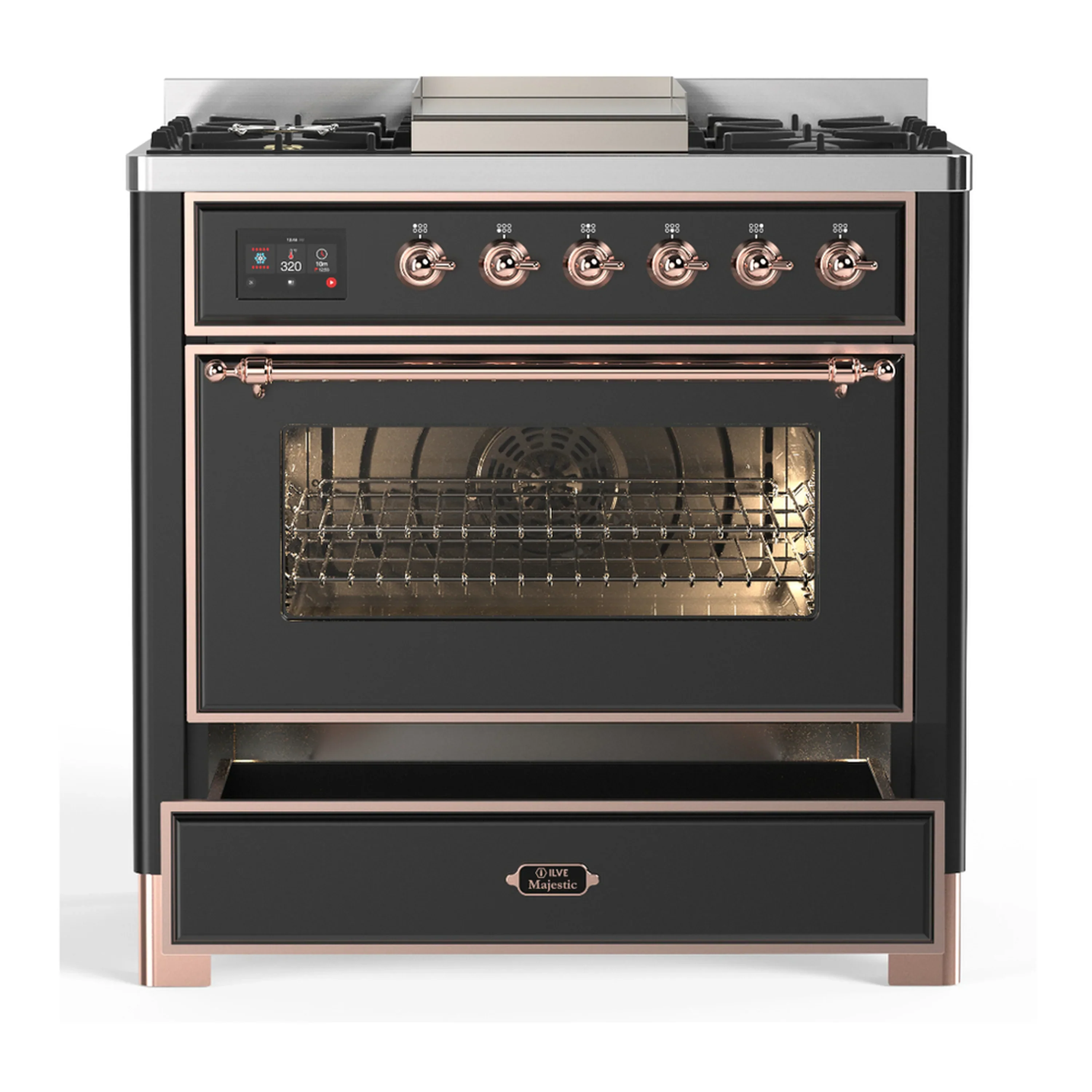 ILVE Majestic III 36-inch Dual Fuel Range with 6 Natural Gas Burner, Griddle and Triple Glass Door Electric Oven in Graphite Matte with Copper Trim (UM36FNR3MGP) - Image 3