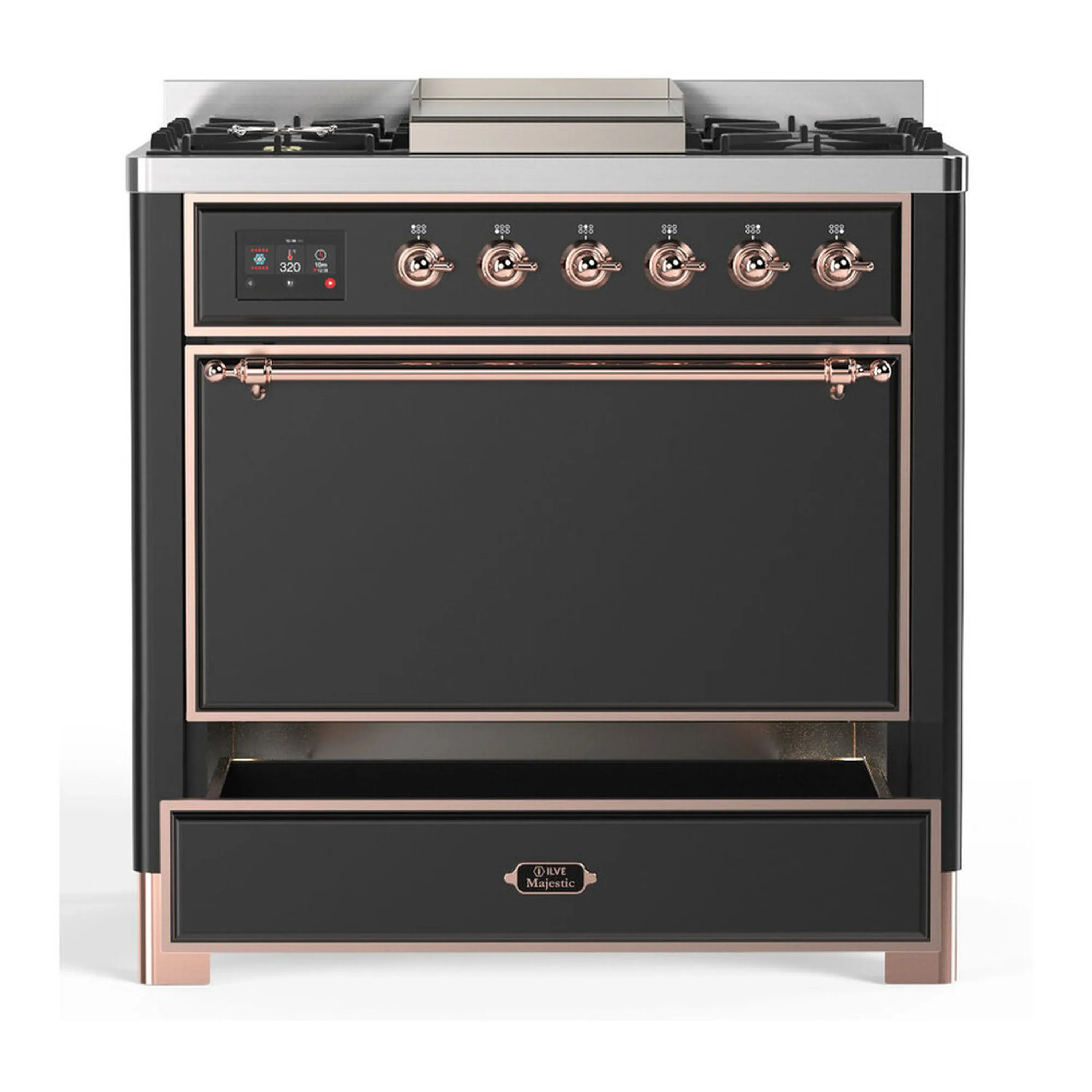 ILVE Majestic III 36-inch Dual Fuel Range with 6 Natural Gas Burner, Griddle and Solid Door Electric Oven in Graphite Matte with Copper Trim (UM36FQNR3MGP) - Image 3