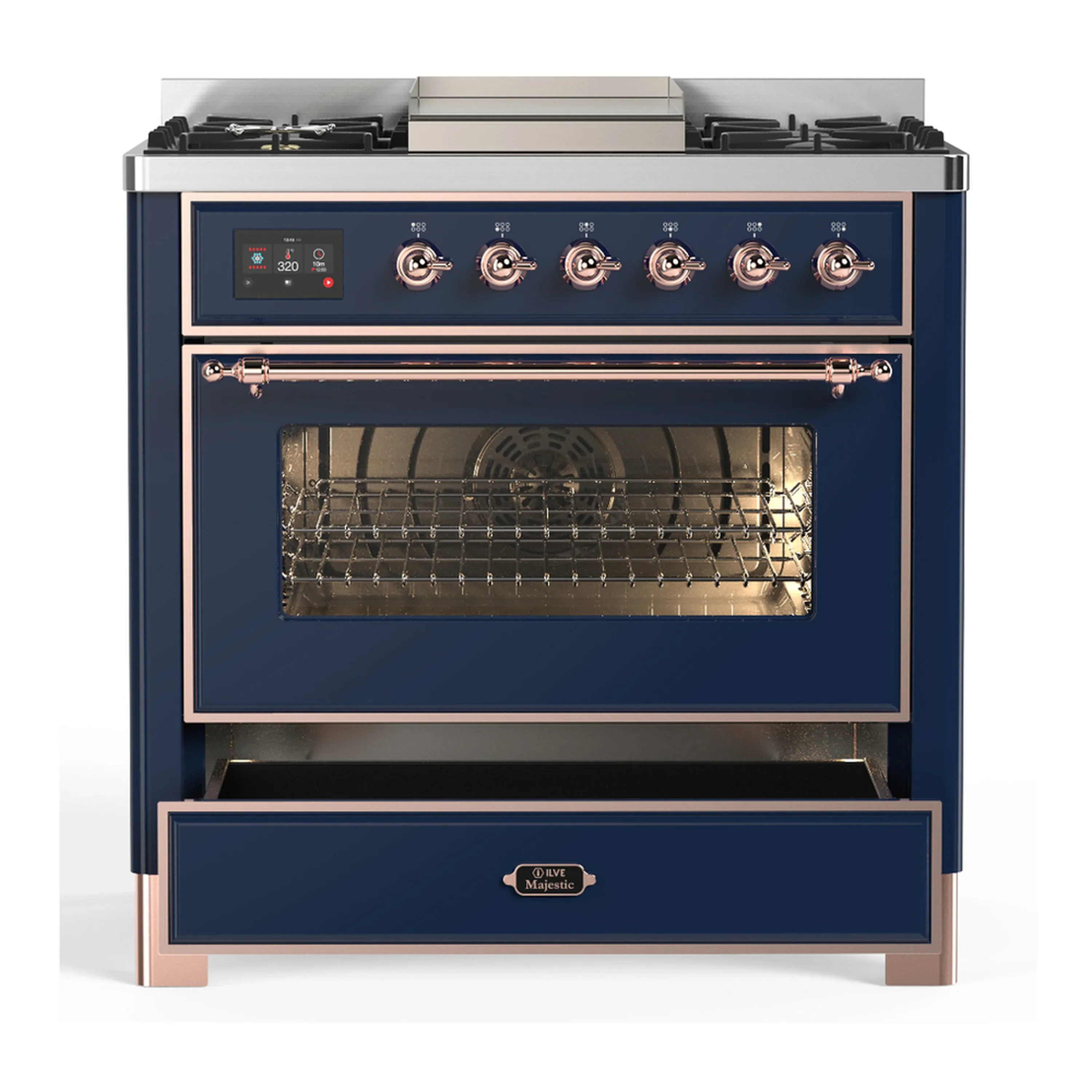 ILVE Majestic III 36-inch Dual Fuel Range with 6 Natural Gas Burner, Griddle and Triple Glass Door Electric Oven in Midnight Blue with Copper Trim (UM36FNR3MBP) - Image 3