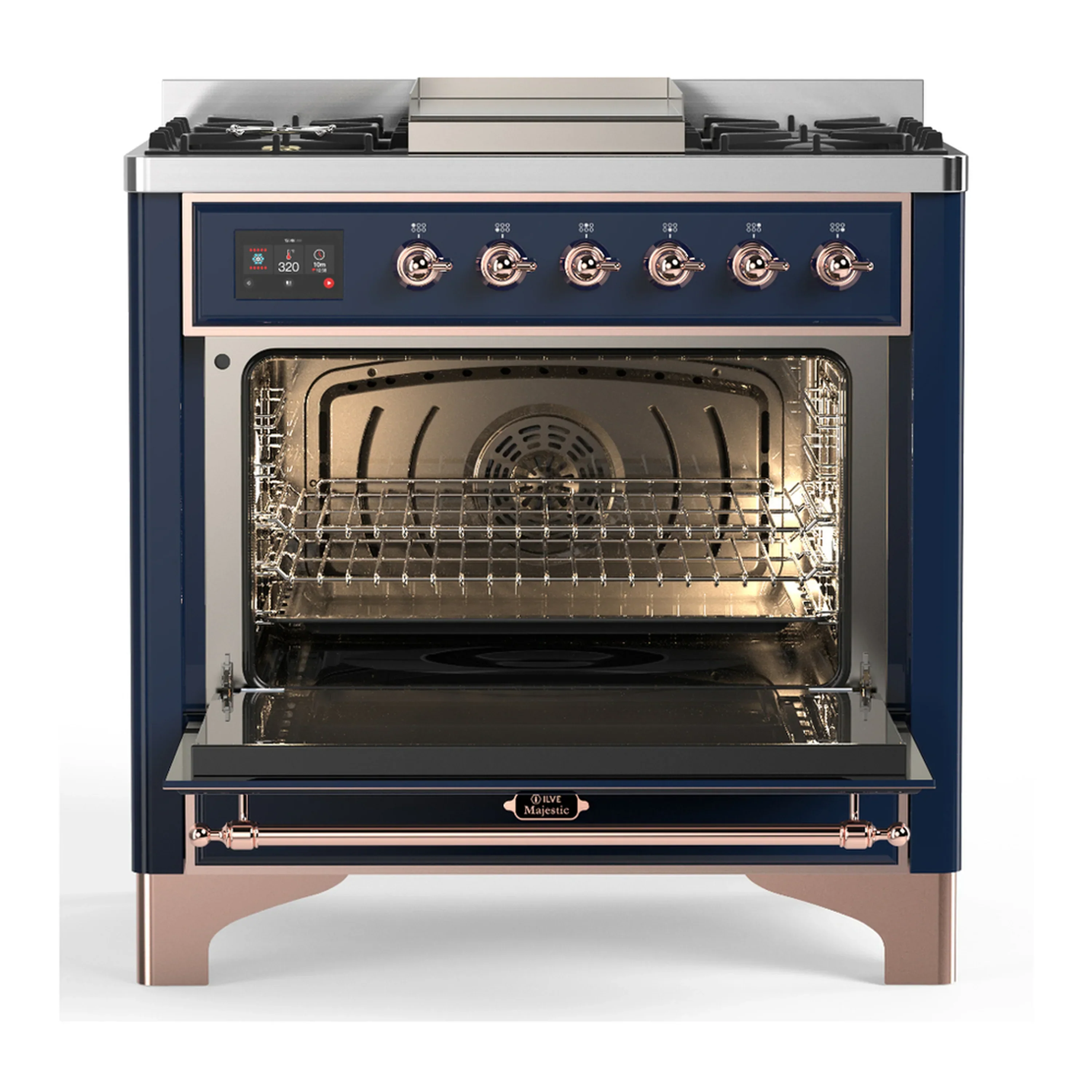 ILVE Majestic III 36-inch Dual Fuel Range with 5 Liquid Propane Burner, Griddle and Triple Glass Door Electric Oven in Midnight Blue with Copper Trim (UM36FNR3MBPLP) - Image 4