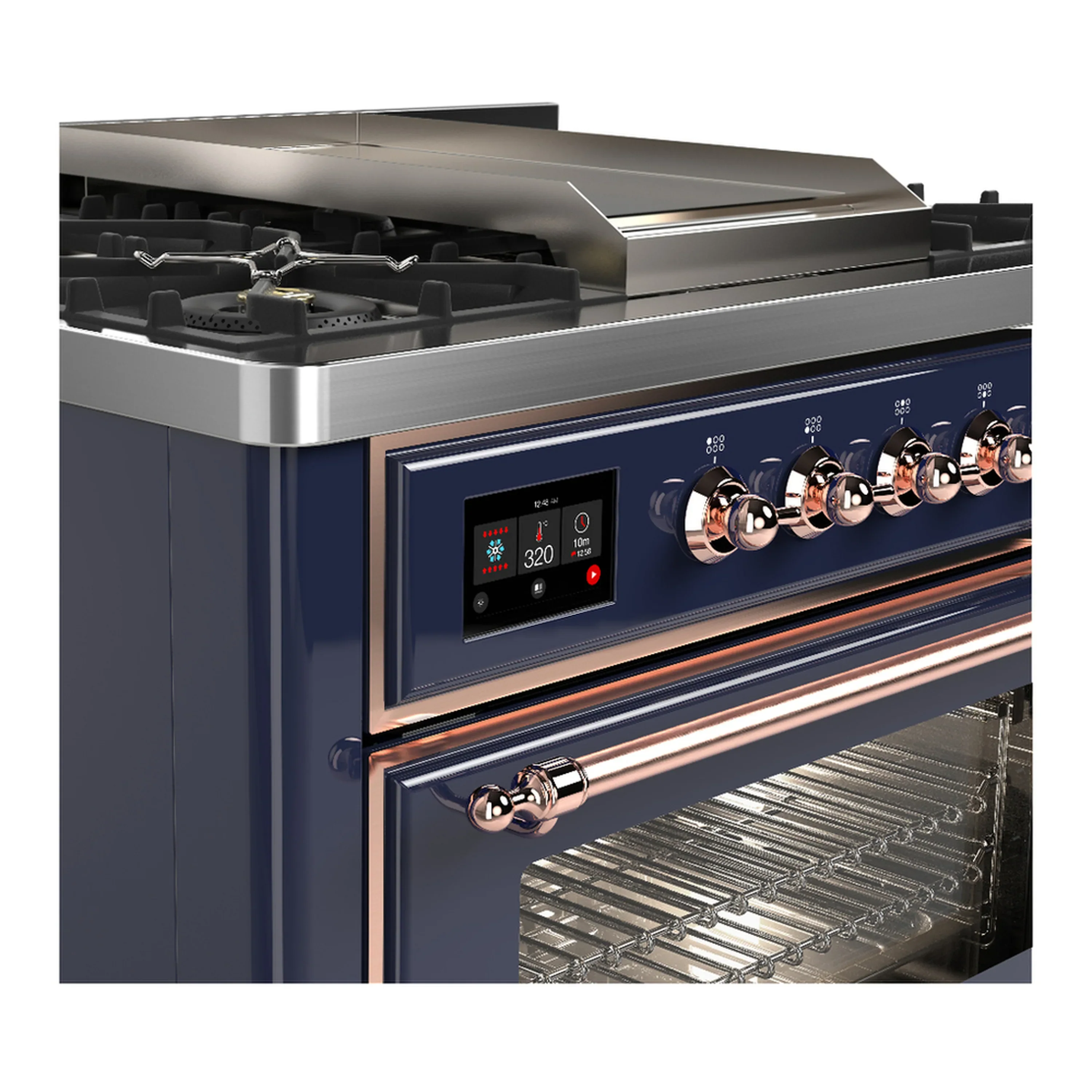 ILVE Majestic III 36-inch Dual Fuel Range with 5 Liquid Propane Burner, Griddle and Triple Glass Door Electric Oven in Midnight Blue with Copper Trim (UM36FNR3MBPLP) - Image 5