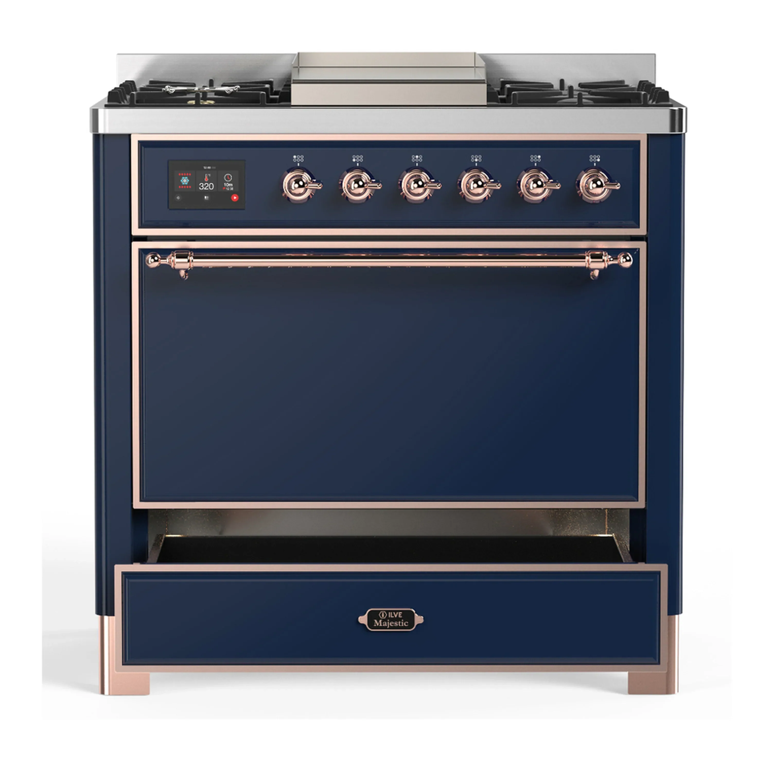 ILVE Majestic III 36-inch Dual Fuel Range with 5 Liquid Propane Burner, Griddle and Solid Door Electric Oven in Midnight Blue with Copper Trim (UM36FQNR3MBPLP) - Image 3