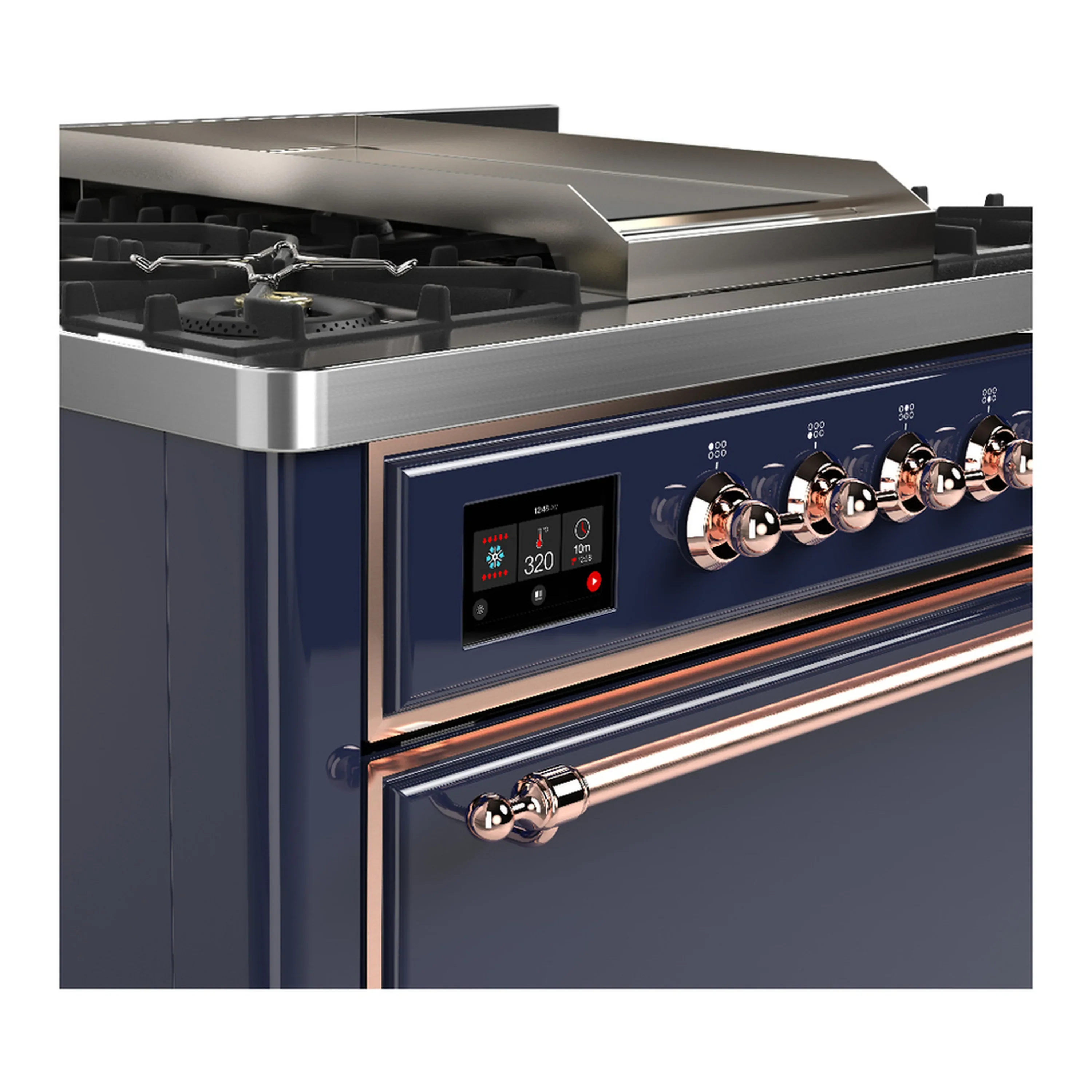 ILVE Majestic III 36-inch Dual Fuel Range with 5 Liquid Propane Burner, Griddle and Solid Door Electric Oven in Midnight Blue with Copper Trim (UM36FQNR3MBPLP) - Image 5
