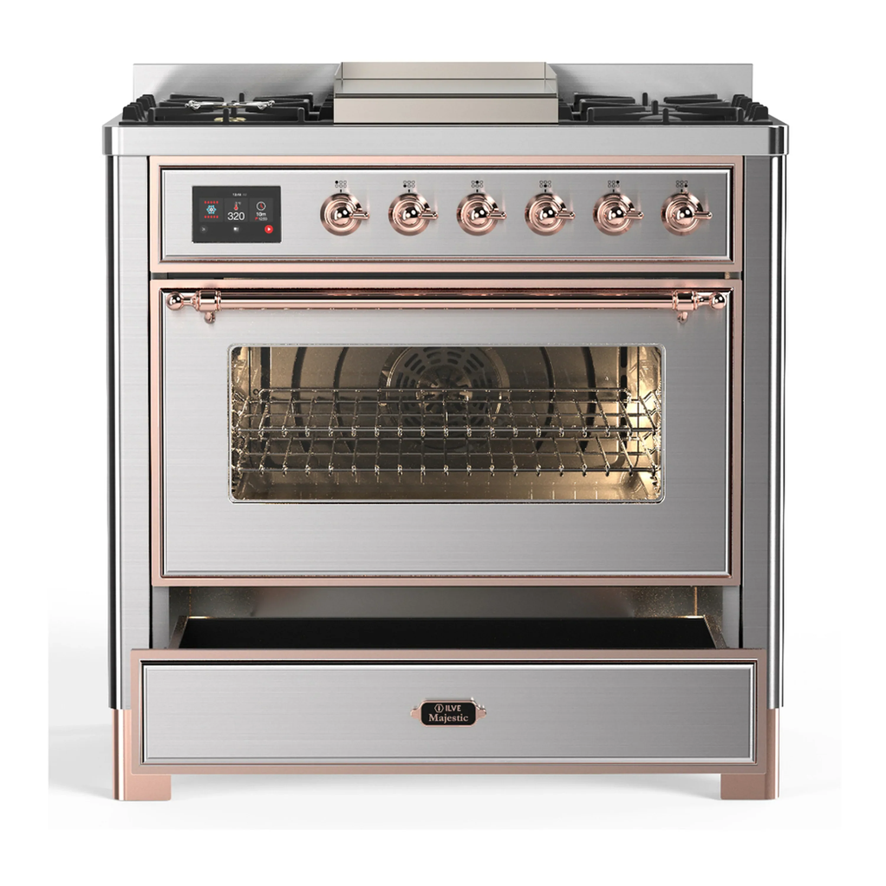 ILVE Majestic III 36-inch Dual Fuel Range with 6 Natural Gas Burner, Griddle and Triple Glass Door Electric Oven in Stainless Steel with Copper Trim (UM36FNR3SSP) - Image 3