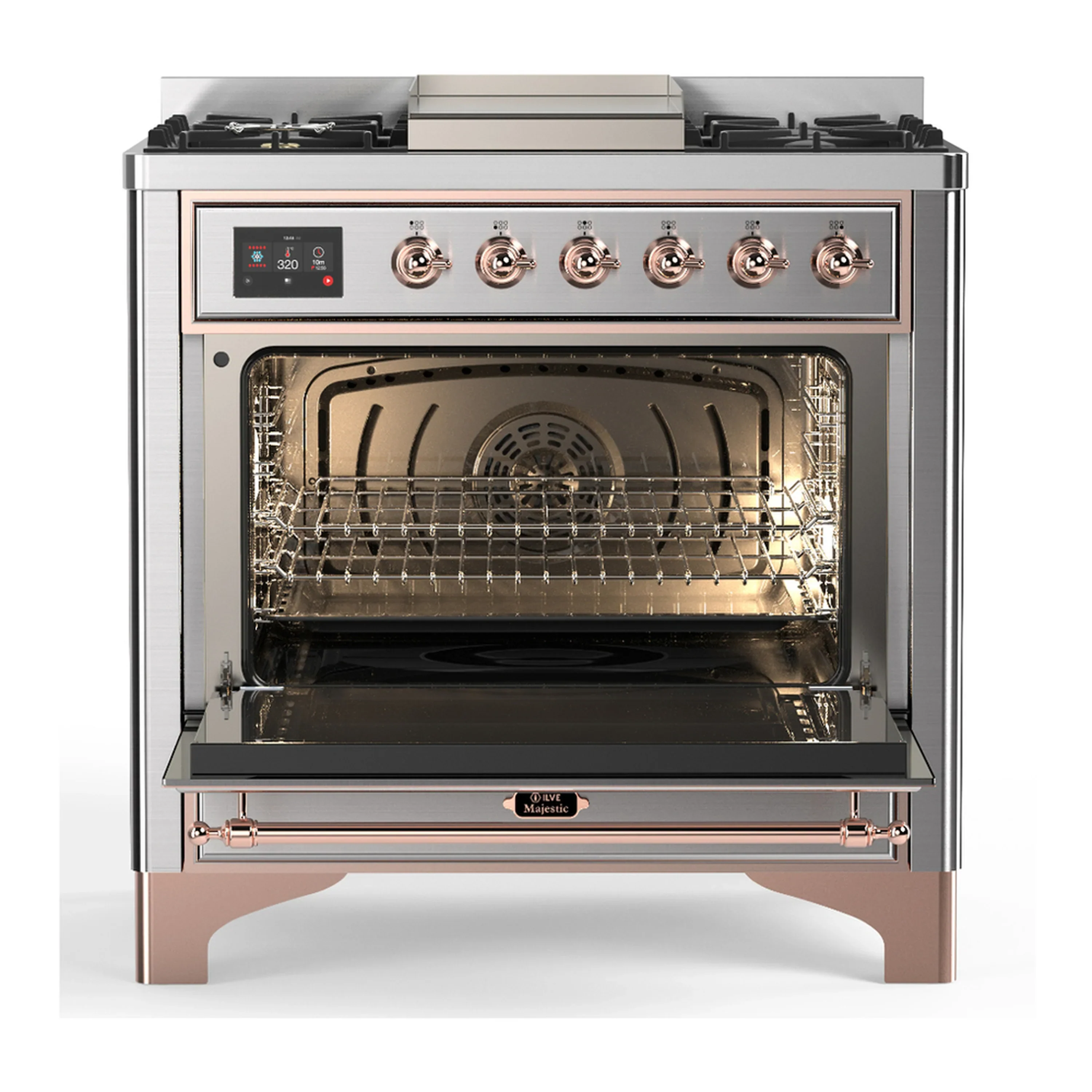 ILVE Majestic III 36-inch Dual Fuel Range with 6 Natural Gas Burner, Griddle and Triple Glass Door Electric Oven in Stainless Steel with Copper Trim (UM36FNR3SSP) - Image 4