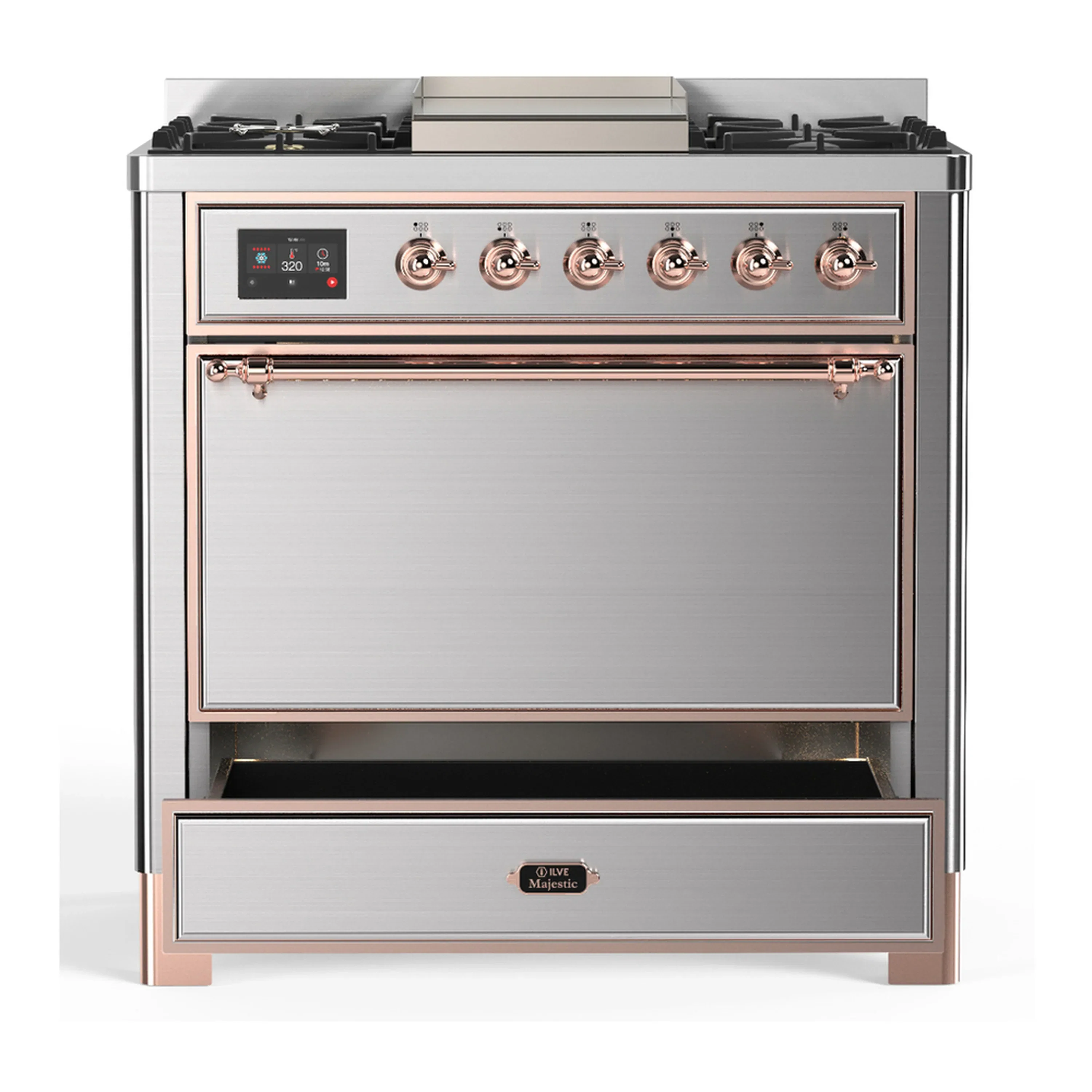 ILVE Majestic III 36-inch Dual Fuel Range with 6 Natural Gas Burner, Griddle and Solid Door Electric Oven in Stainless Steel with Copper Trim (UM36FQNR3SSP) - Image 3