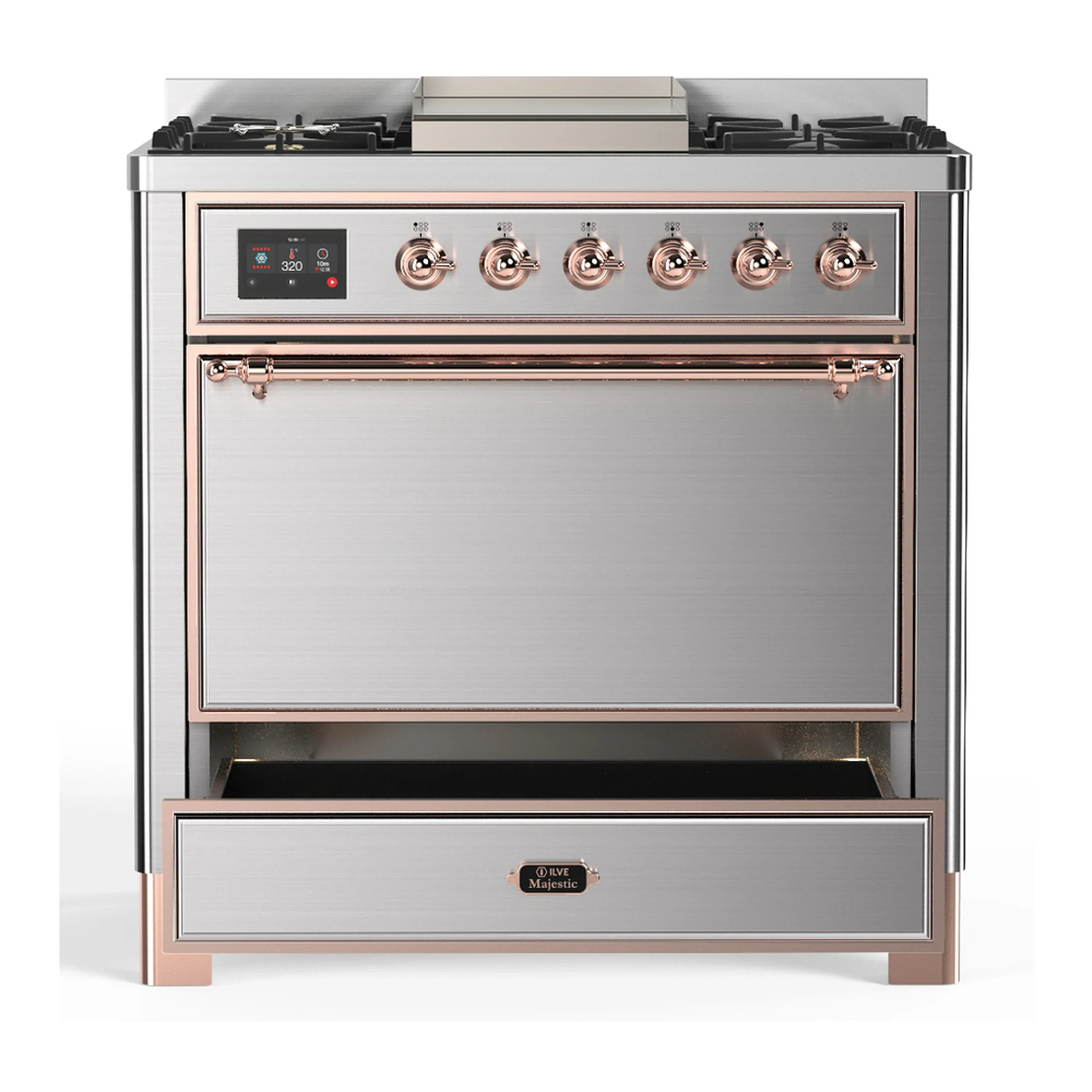 ILVE Majestic III 36-inch Dual Fuel Range with 5 Liquid Propane Burner, Griddle and Solid Door Electric Oven in Stainless Steel with Copper Trim (UM36FQNR3SSPLP) - Image 3