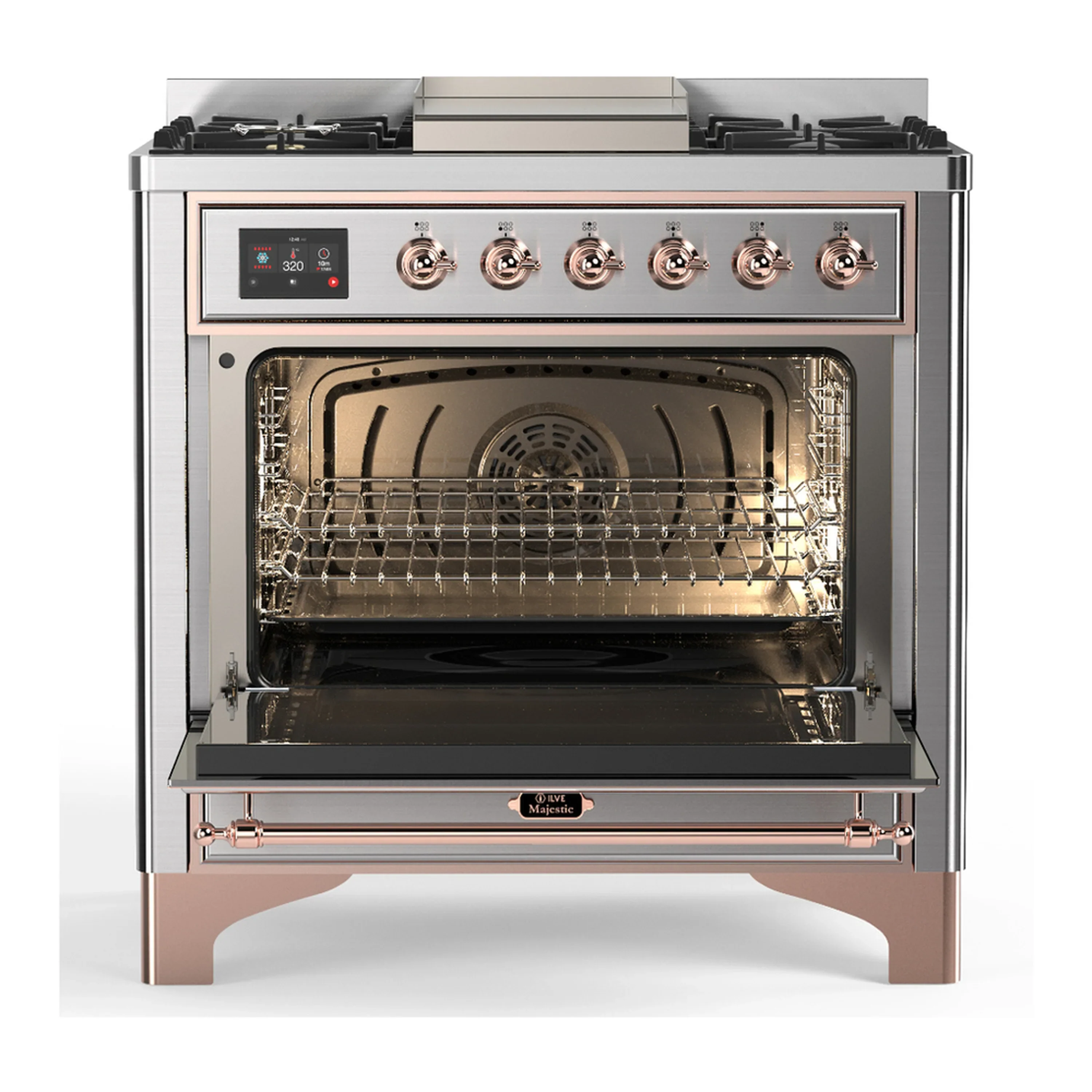 ILVE Majestic III 36-inch Dual Fuel Range with 5 Liquid Propane Burner, Griddle and Solid Door Electric Oven in Stainless Steel with Copper Trim (UM36FQNR3SSPLP) - Image 4