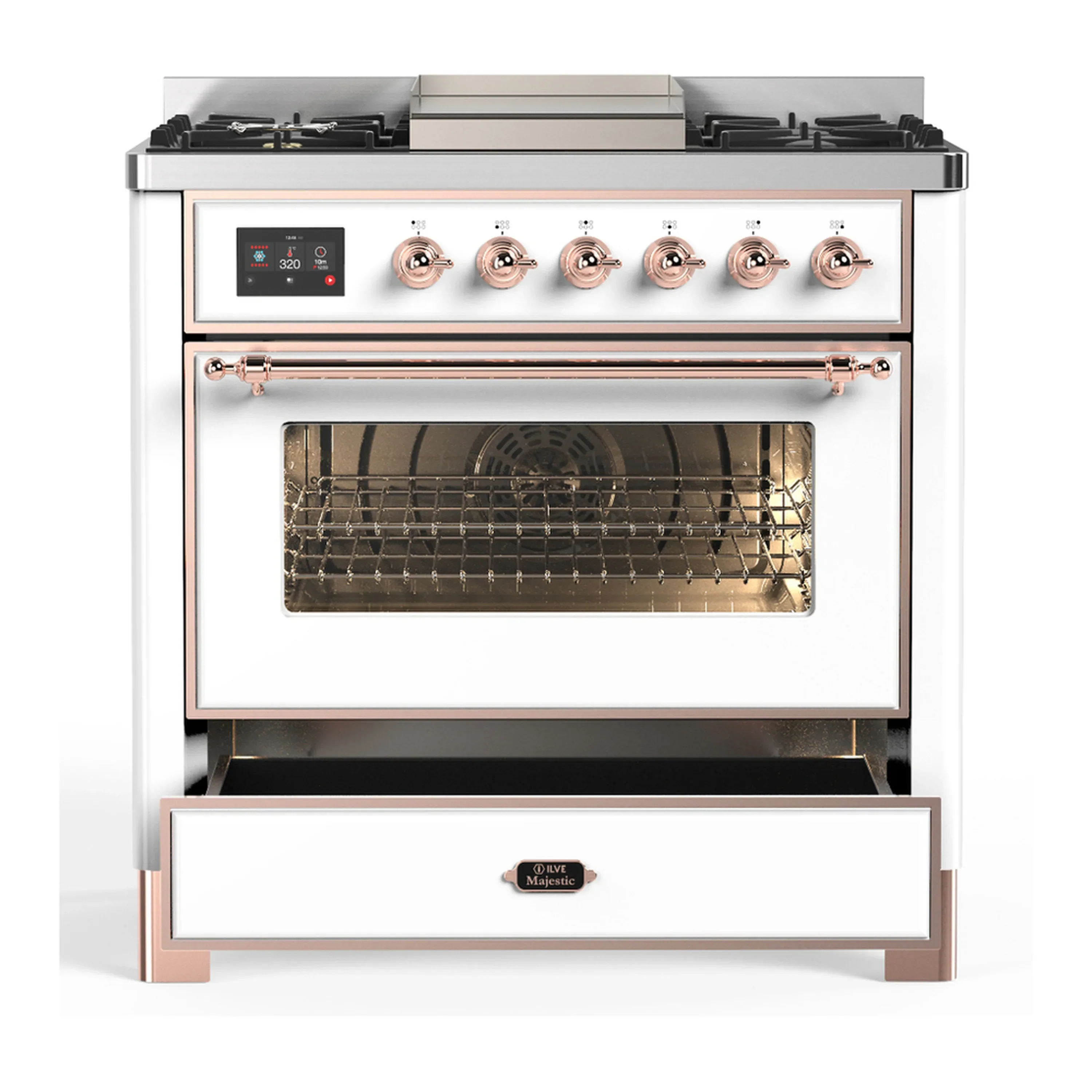 ILVE Majestic III 36-inch Dual Fuel Range with 6 Natural Gas Burner, Griddle and Triple Glass Door Electric Oven in White with Copper Trim (UM36FNR3WHP) - Image 3