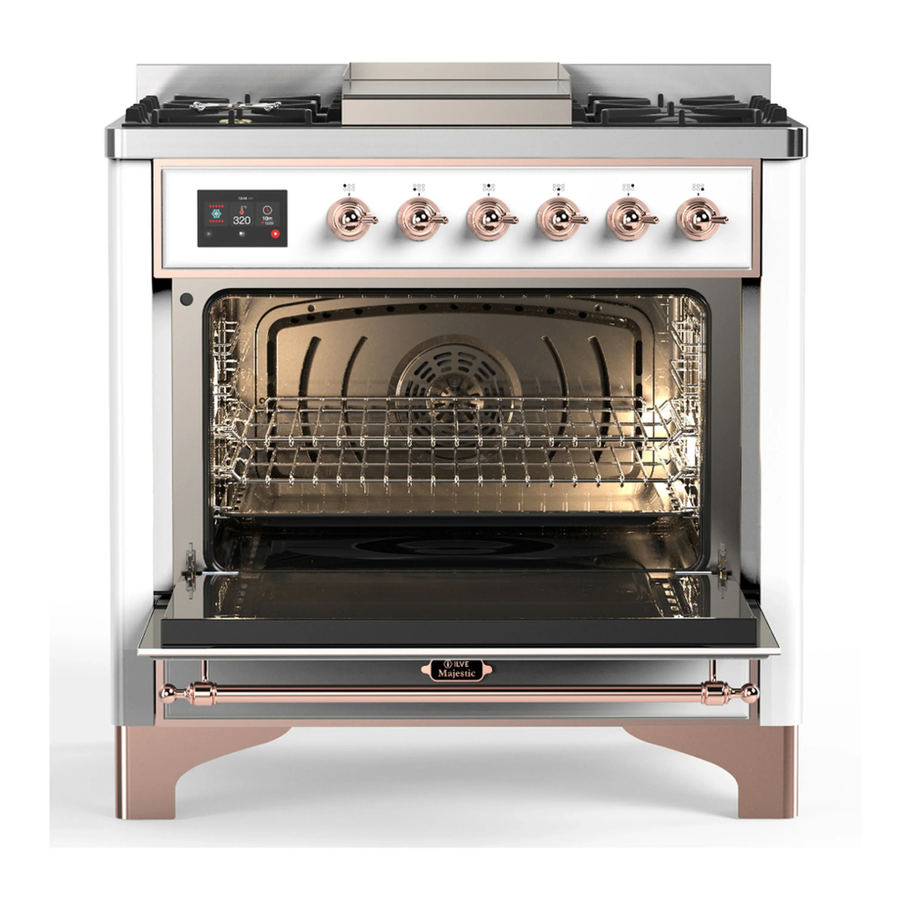 ILVE Majestic III 36-inch Dual Fuel Range with 6 Natural Gas Burner, Griddle and Triple Glass Door Electric Oven in White with Copper Trim (UM36FNR3WHP) - Image 4