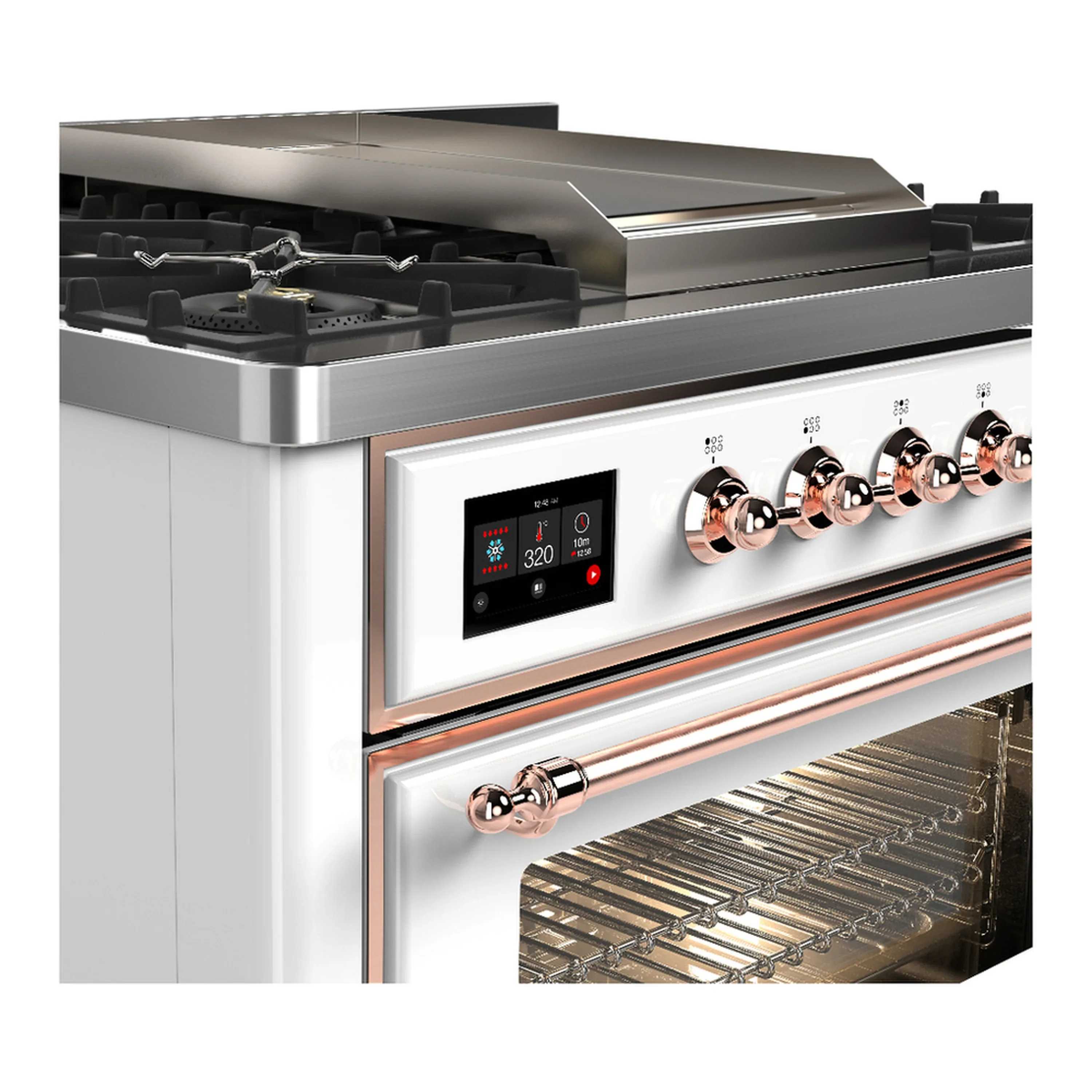 ILVE Majestic III 36-inch Dual Fuel Range with 6 Natural Gas Burner, Griddle and Triple Glass Door Electric Oven in White with Copper Trim (UM36FNR3WHP) - Image 5