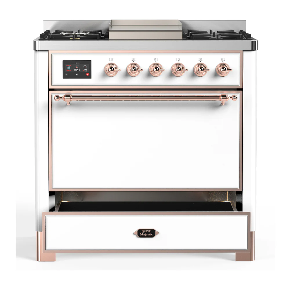 ILVE Majestic III 36-inch Dual Fuel Range with 5 Liquid Propane Burner, Griddle and Solid Door Electric Oven in White with Copper Trim (UM36FQNR3WHPLP) - Image 3