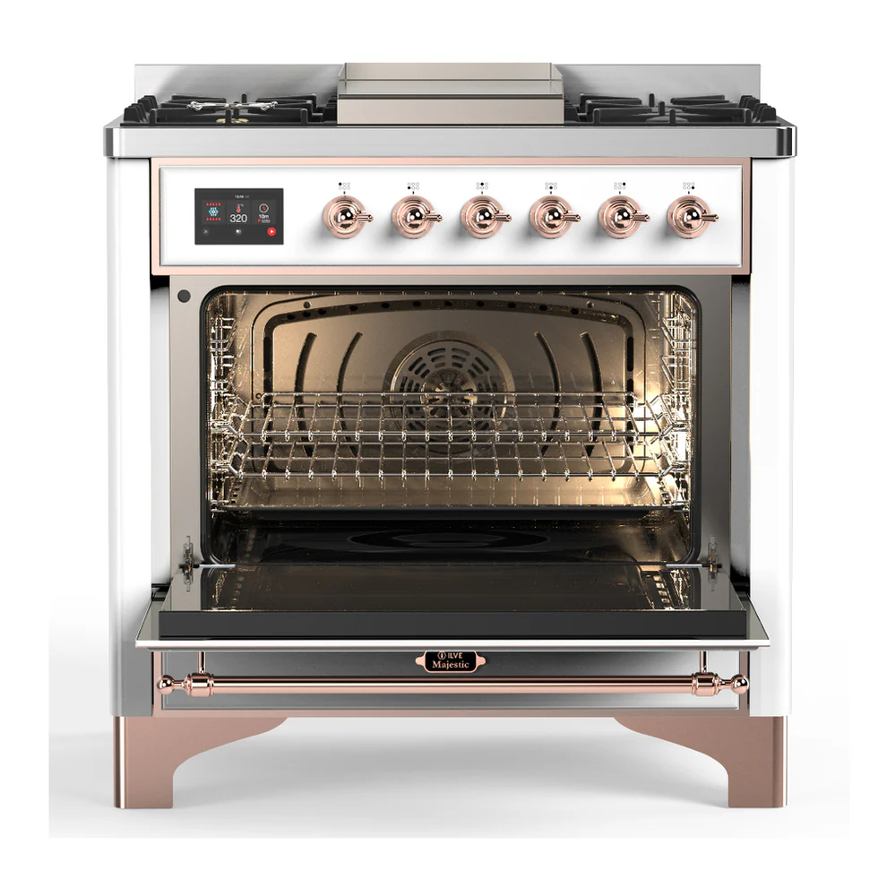 ILVE Majestic III 36-inch Dual Fuel Range with 5 Liquid Propane Burner, Griddle and Solid Door Electric Oven in White with Copper Trim (UM36FQNR3WHPLP) - Image 4