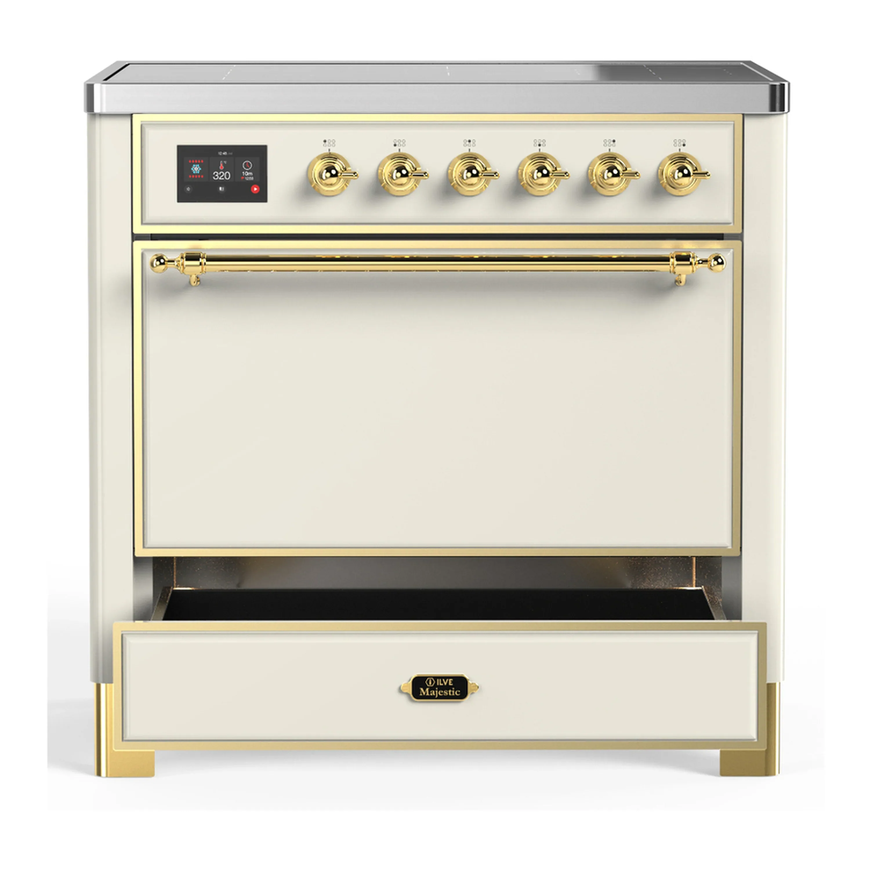 ILVE Majestic III 36-Inch Induction Range with 6 Induction Elements and Solid Door Electric Oven in Antique White with Brass Trim (UMIB36QNR3AWG) - Image 3