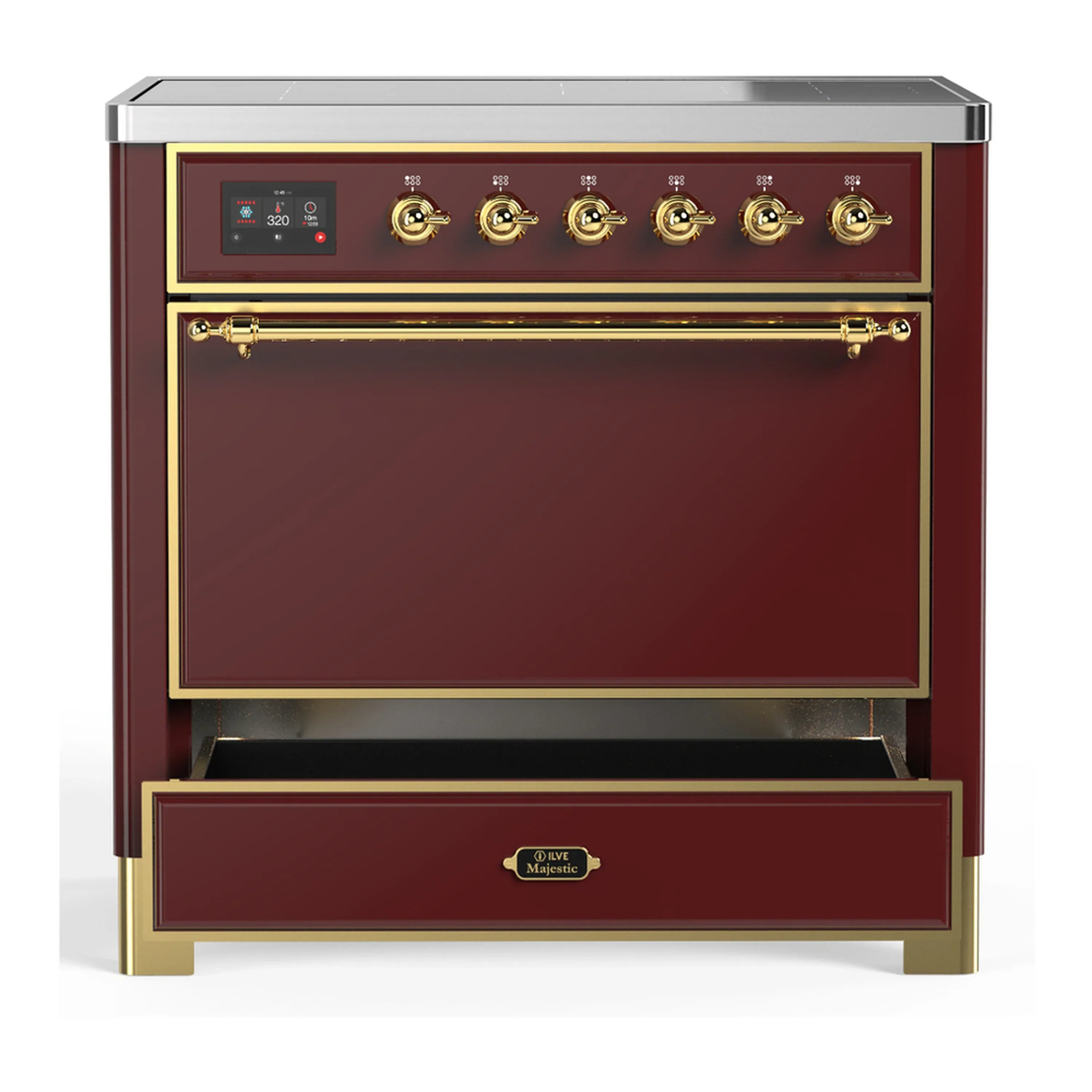 ILVE Majestic III 36-Inch Induction Range with 6 Induction Elements and Solid Door Electric Oven in Burgundy with Brass Trim (UMIB36QNR3BUG) - Image 3