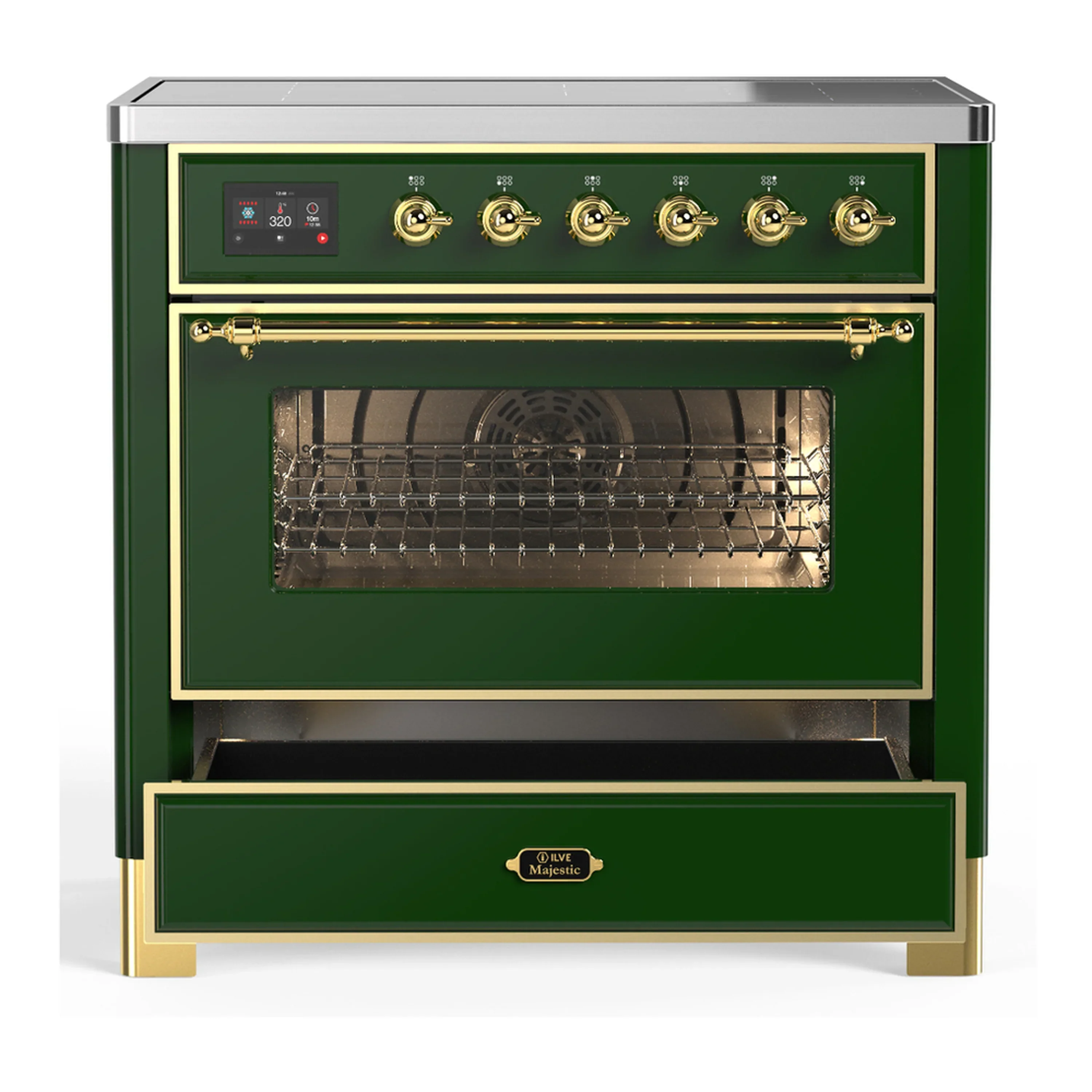 ILVE Majestic III 36-Inch Induction Range with 6 Induction Elements and Triple Glass Door Electric Oven in Emerald Green with Brass Trim (UMIB36NR3EGG) - Image 3