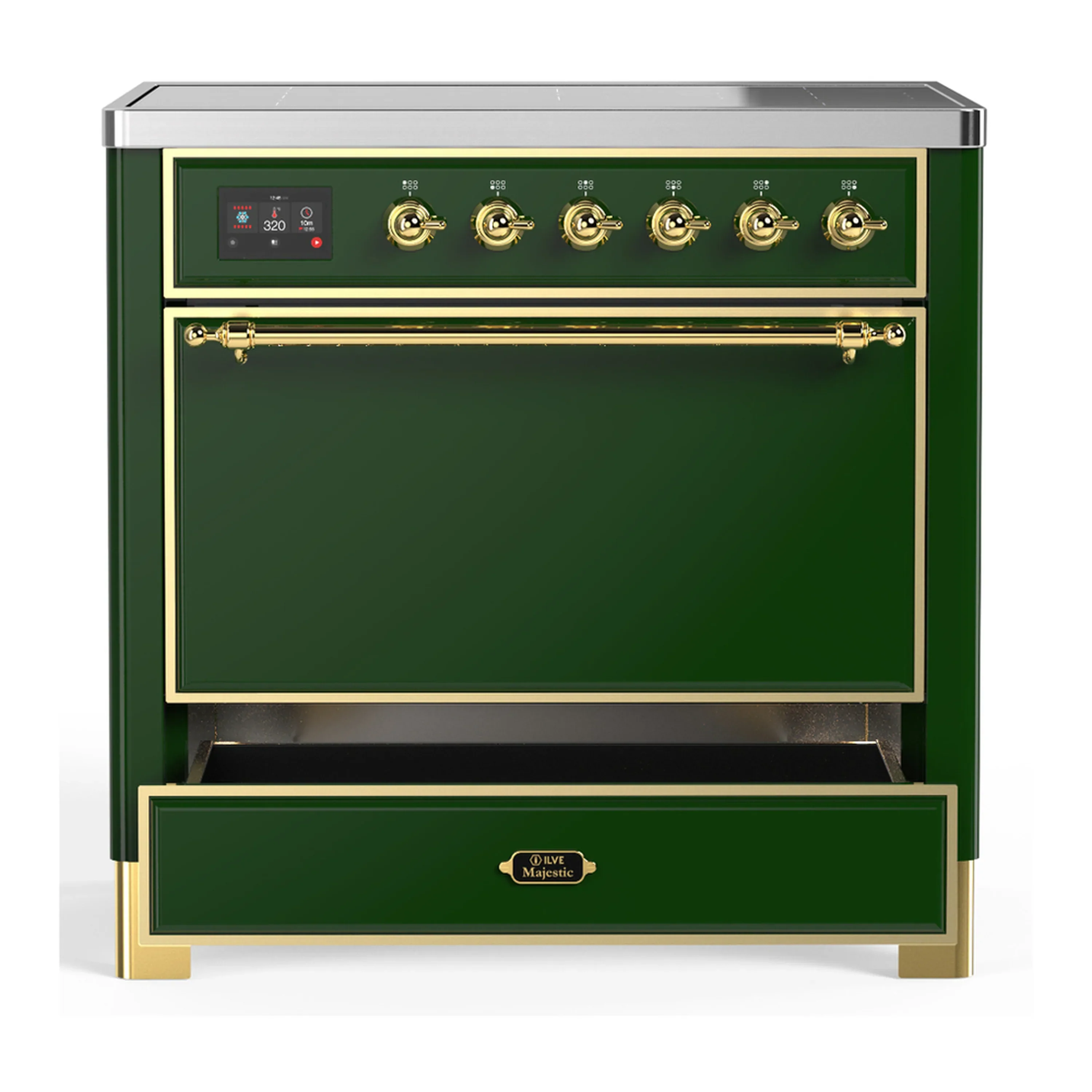 ILVE Majestic III 36-Inch Induction Range with 6 Induction Elements and Solid Door Electric Oven in Emerald Green with Brass Trim (UMIB36QNR3EGG) - Image 3