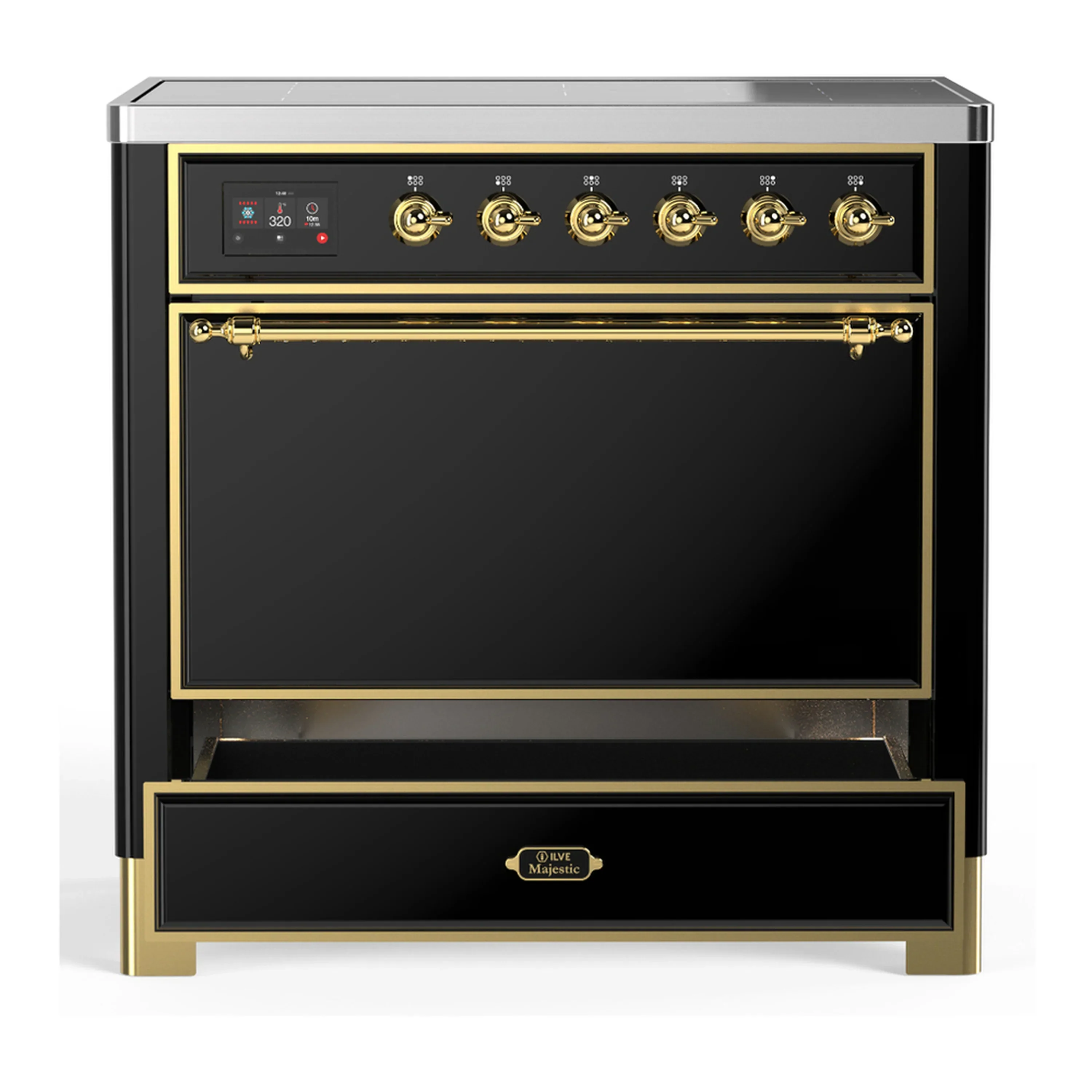 ILVE Majestic III 36-Inch Induction Range with 6 Induction Elements and Solid Door Electric Oven in Glossy Black with Brass Trim (UMIB36QNR3BKG) - Image 3
