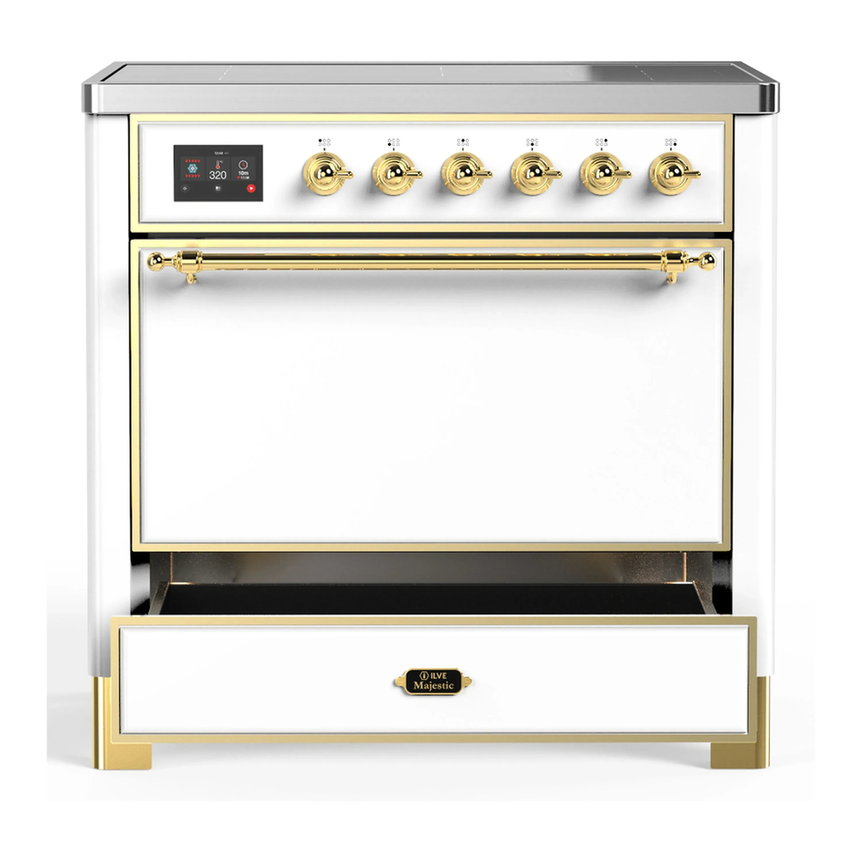 ILVE Majestic III 36-Inch Induction Range with 6 Induction Elements and Solid Door Electric Oven in White with Brass Trim (UMIB36QNR3WHG) - Image 3