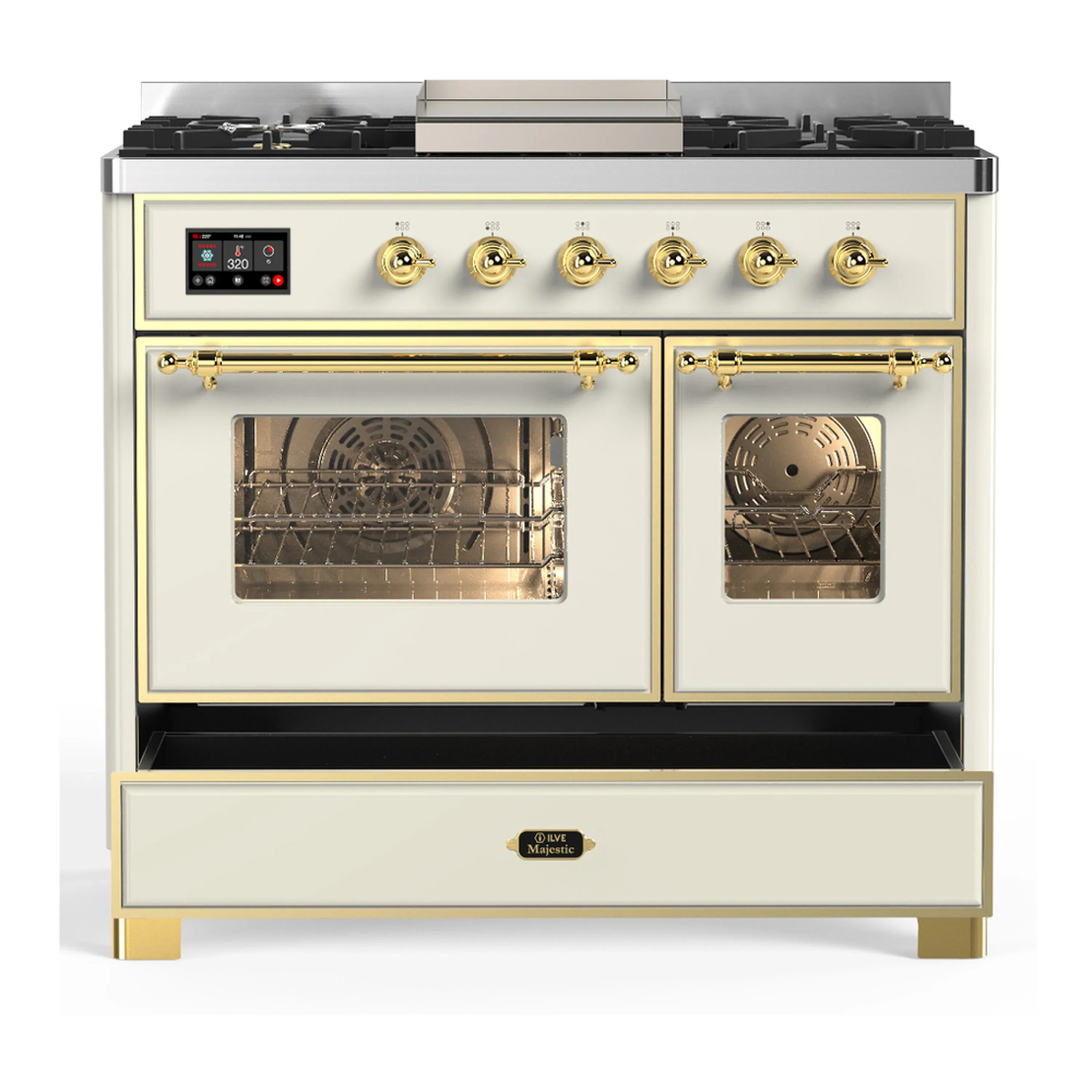 ILVE Majestic III 40-inch Dual Fuel Range with 6 Natural Gas Burner, Griddle and Triple Glass Door Electric Oven in Antique White with Brass Trim (UMD40FNR3AWG) - Image 3