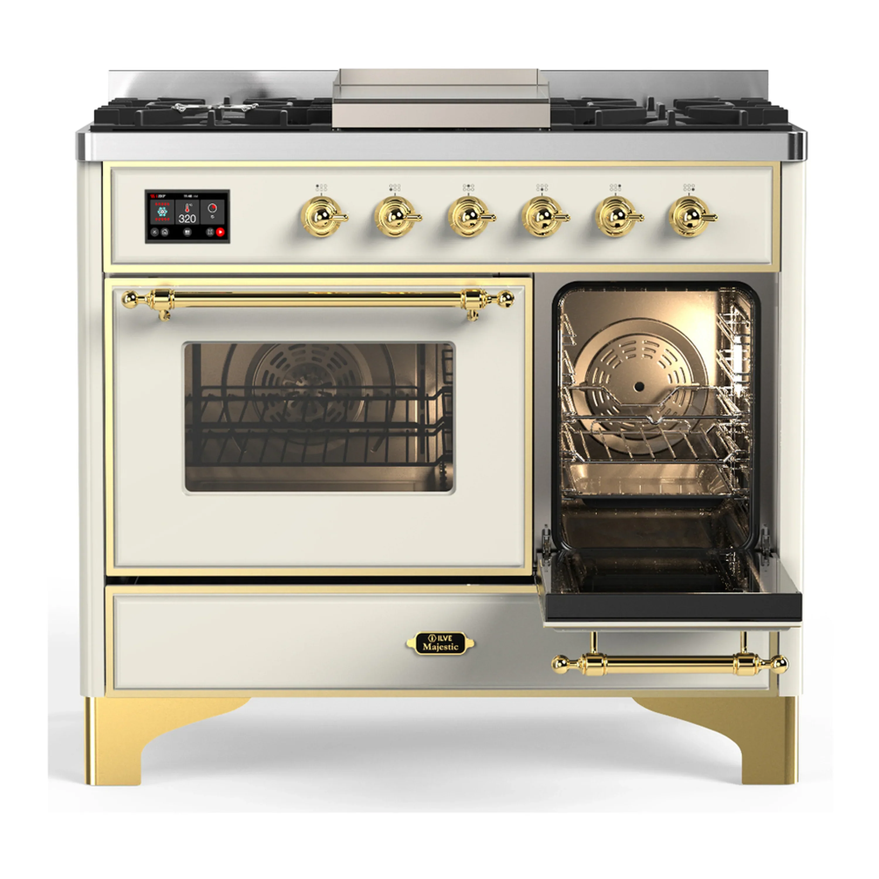 ILVE Majestic III 40-inch Dual Fuel Range with 6 Natural Gas Burner, Griddle and Triple Glass Door Electric Oven in Antique White with Brass Trim (UMD40FNR3AWG) - Image 4