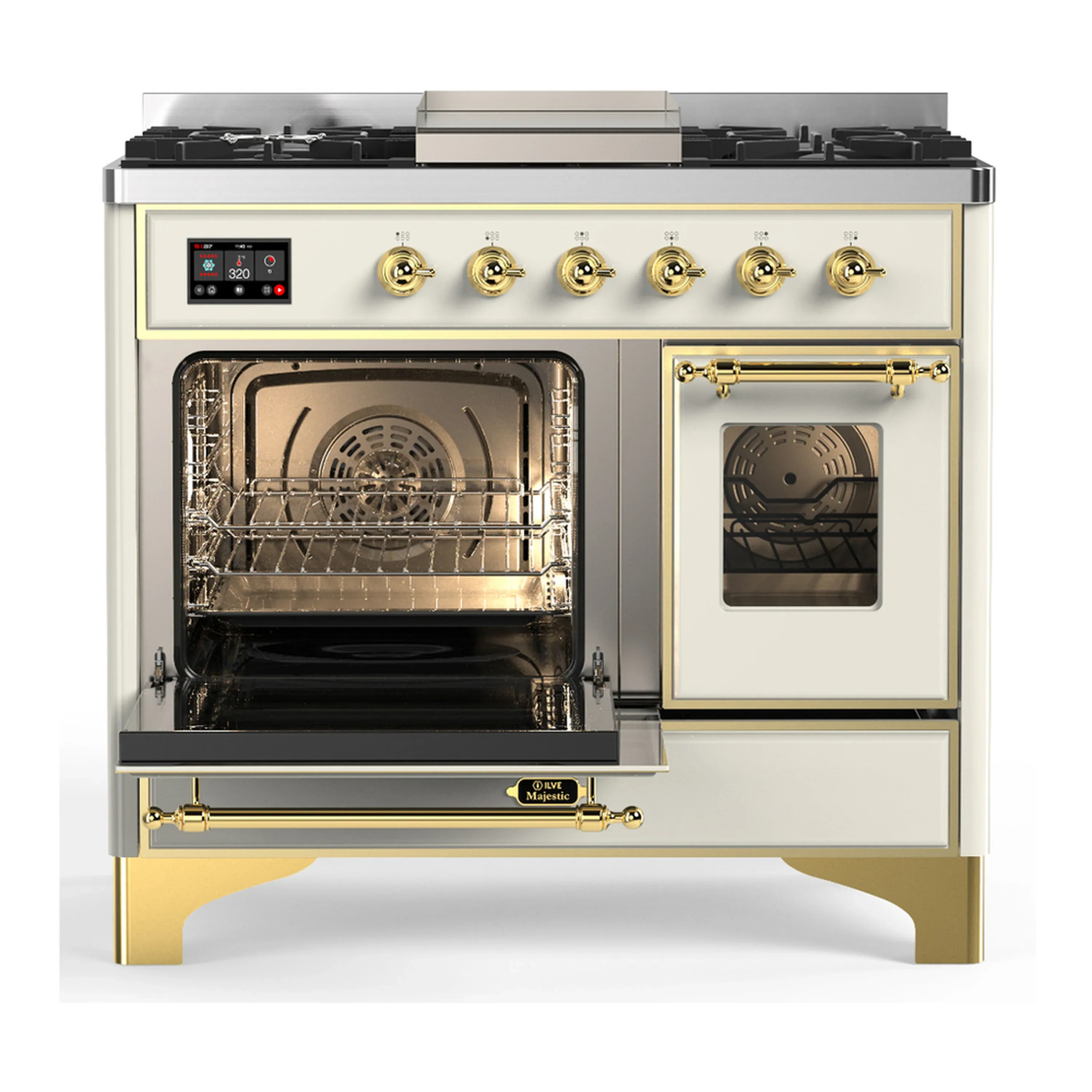 ILVE Majestic III 40-inch Dual Fuel Range with 6 Natural Gas Burner, Griddle and Triple Glass Door Electric Oven in Antique White with Brass Trim (UMD40FNR3AWG) - Image 5
