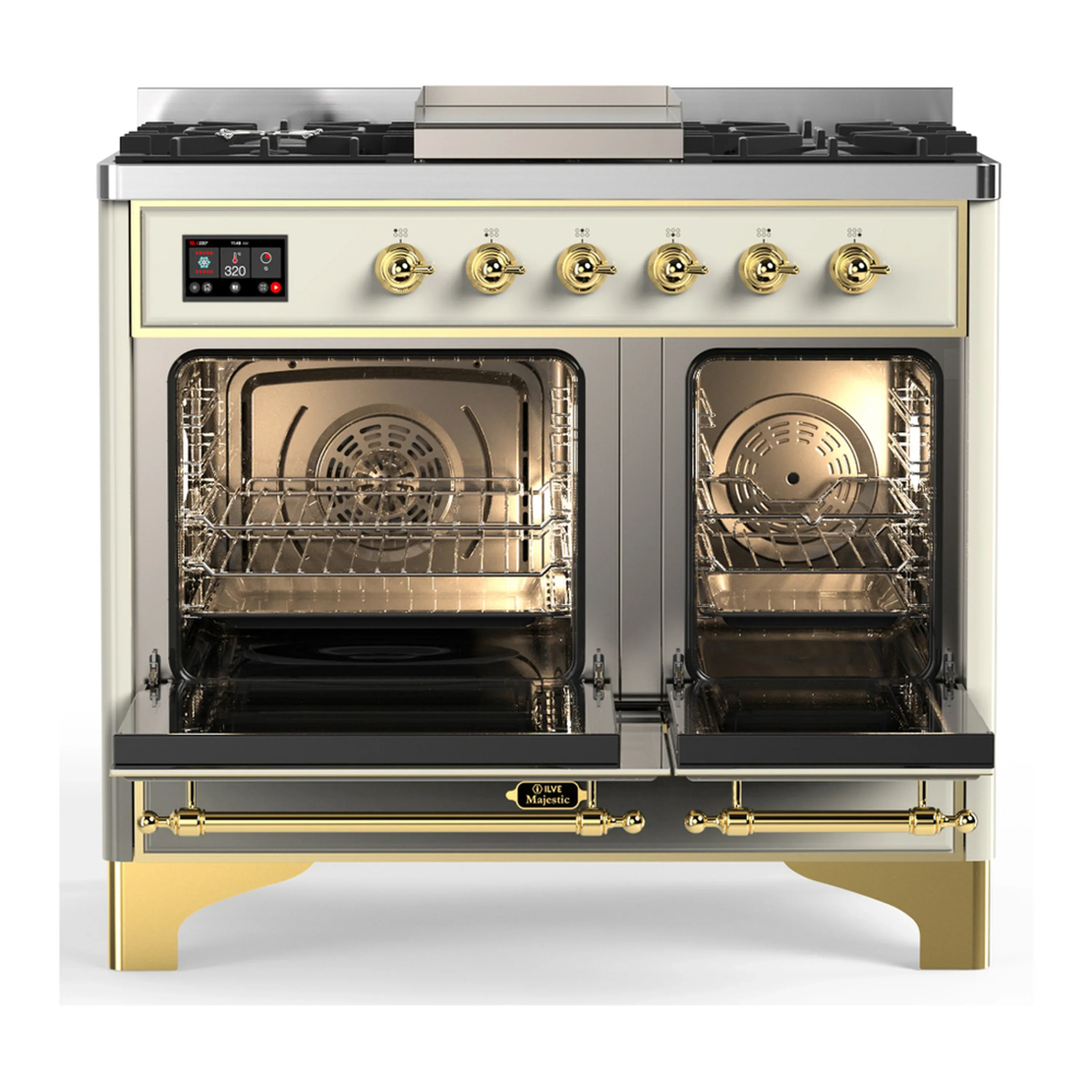 ILVE Majestic III 40-inch Dual Fuel Range with 6 Natural Gas Burner, Griddle and Triple Glass Door Electric Oven in Antique White with Brass Trim (UMD40FNR3AWG) - Image 7