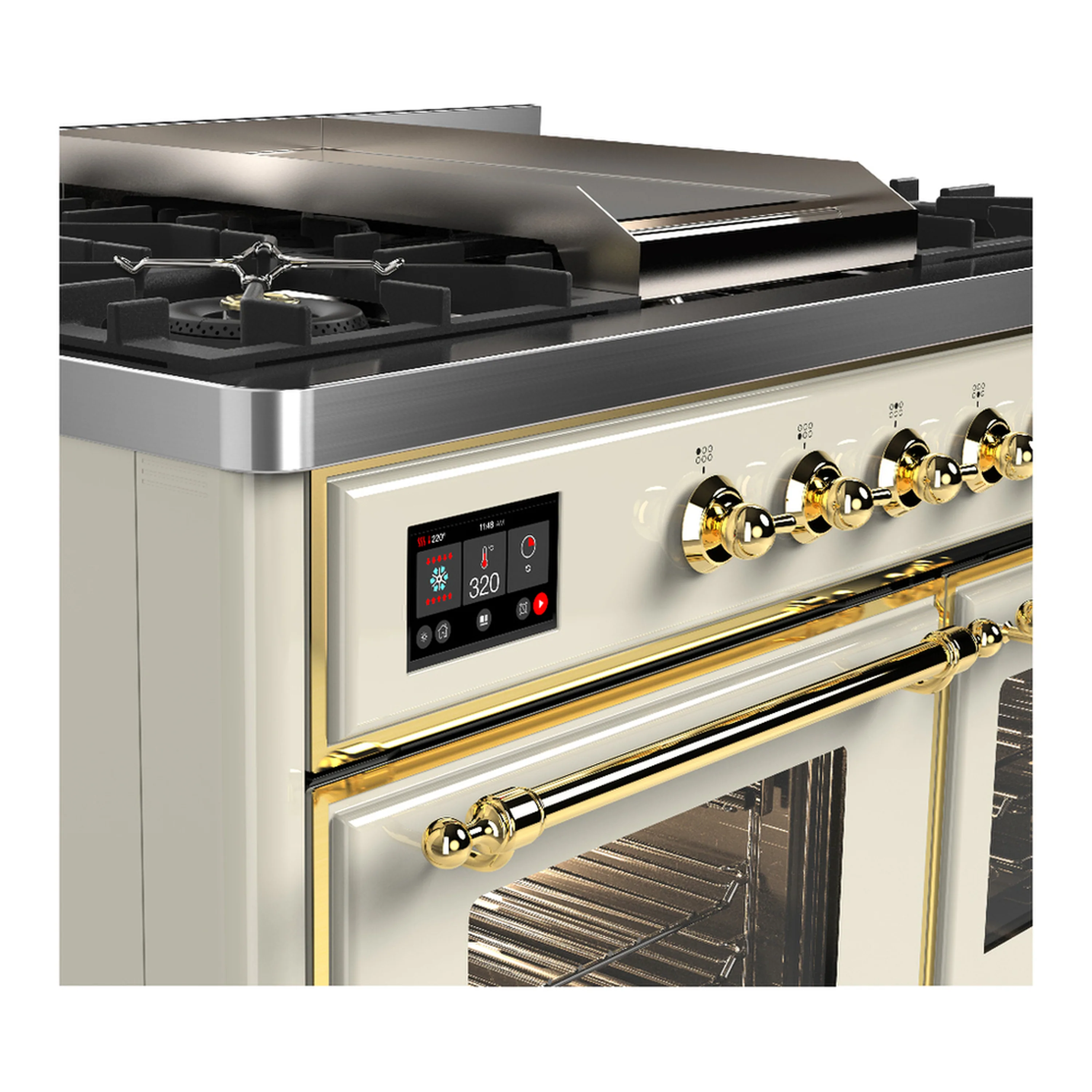 ILVE Majestic III 40-inch Dual Fuel Range with 6 Natural Gas Burner, Griddle and Triple Glass Door Electric Oven in Antique White with Brass Trim (UMD40FNR3AWG) - Image 6
