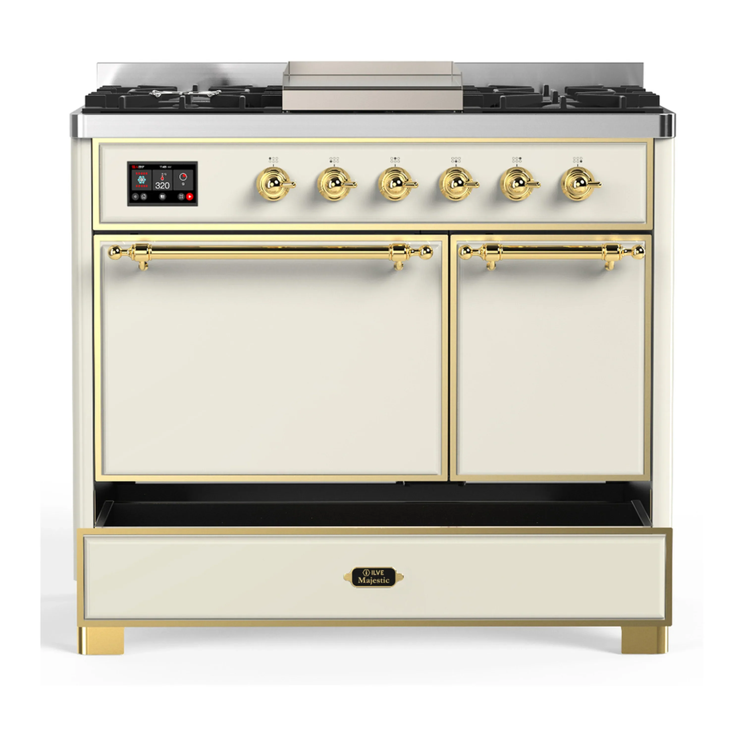 ILVE Majestic III 40-inch Dual Fuel Range with 6 Natural Gas Burner, Griddle and Solid Door Electric Oven in Antique White with Brass Trim (UMD40FQNR3AWG) - Image 3