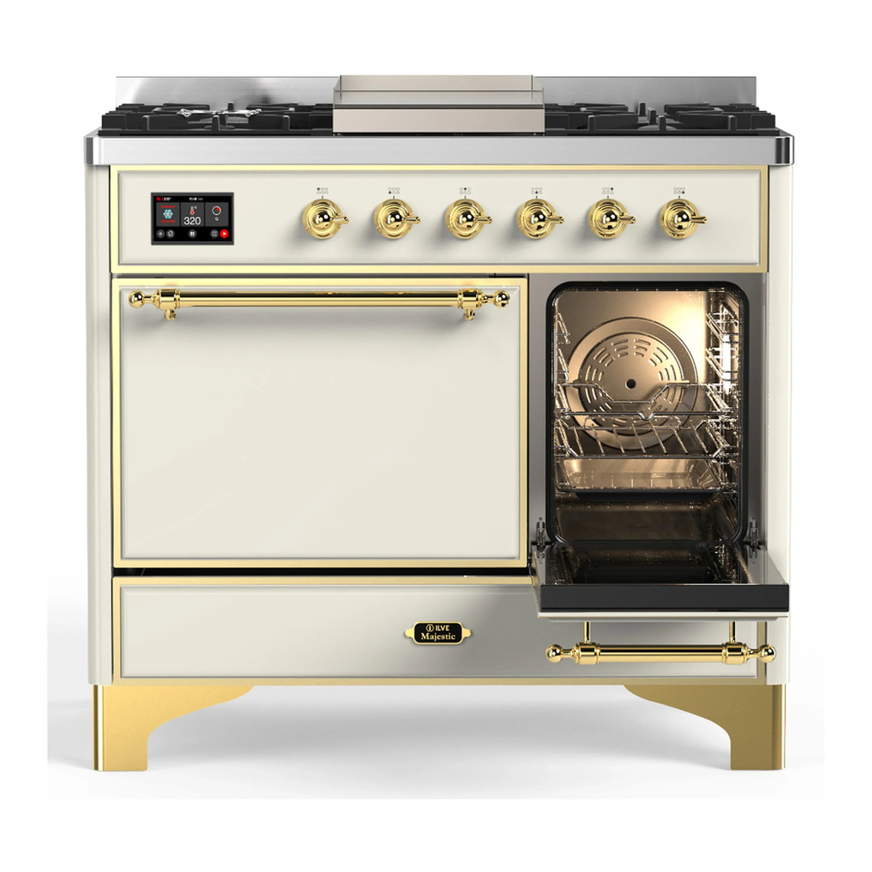 ILVE Majestic III 40-inch Dual Fuel Range with 6 Natural Gas Burner, Griddle and Solid Door Electric Oven in Antique White with Brass Trim (UMD40FQNR3AWG) - Image 4