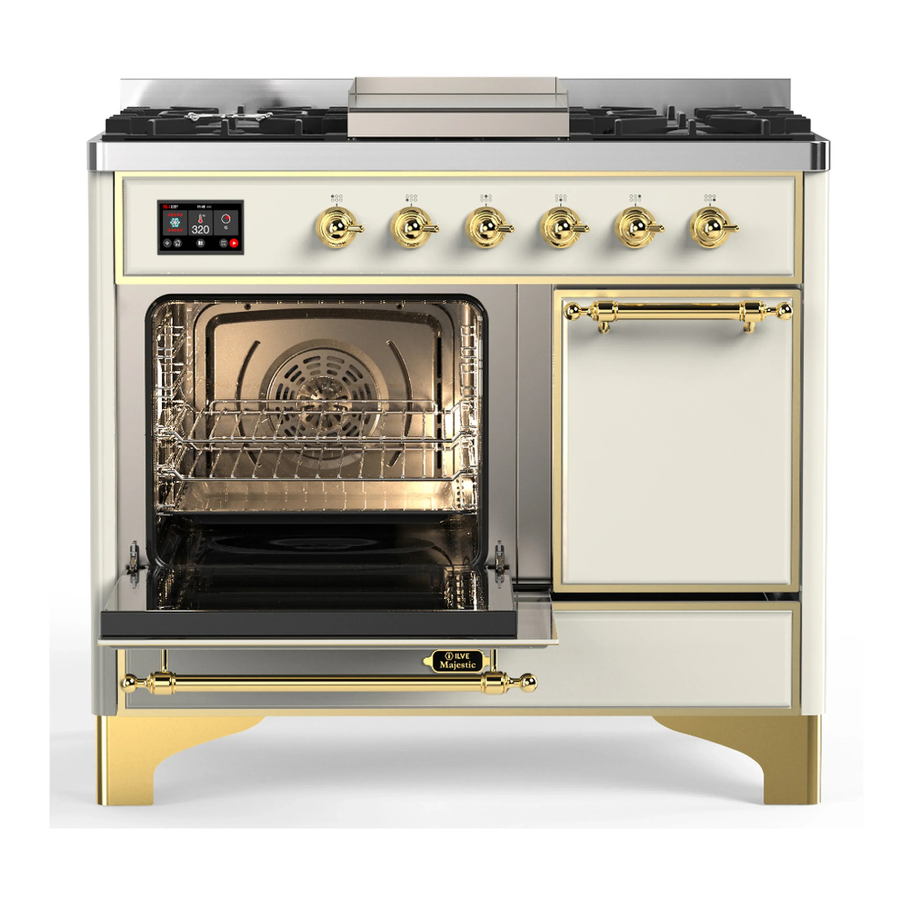 ILVE Majestic III 40-inch Dual Fuel Range with 6 Natural Gas Burner, Griddle and Solid Door Electric Oven in Antique White with Brass Trim (UMD40FQNR3AWG) - Image 5
