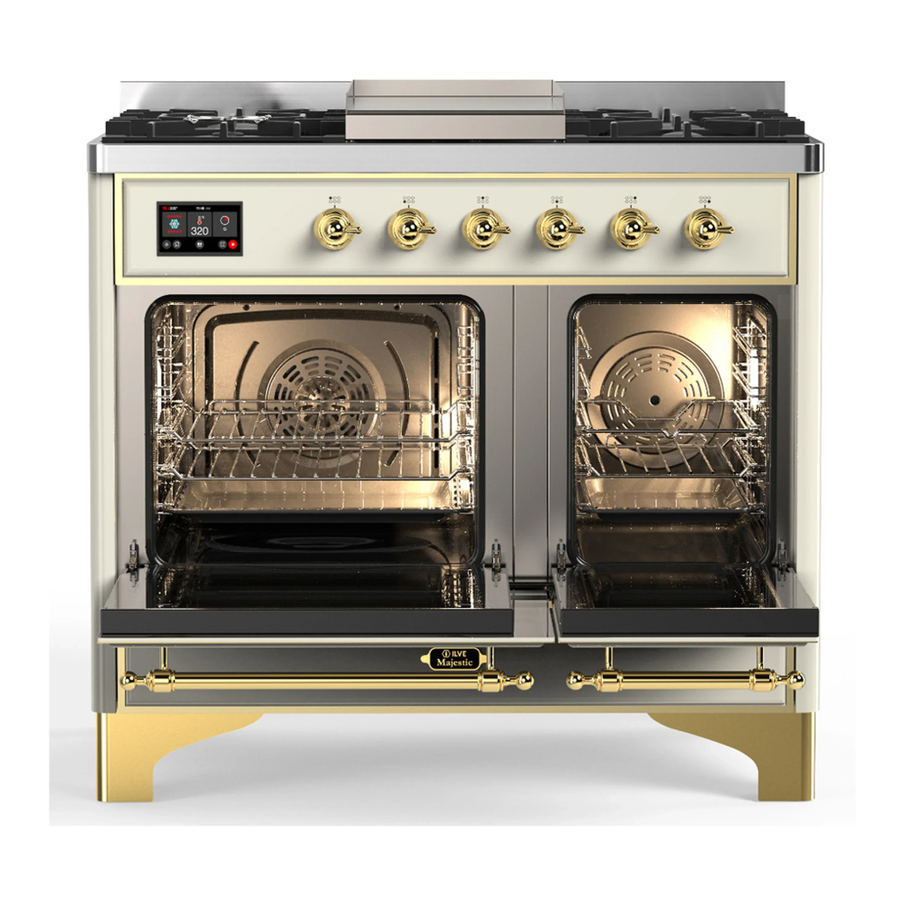 ILVE Majestic III 40-inch Dual Fuel Range with 6 Natural Gas Burner, Griddle and Solid Door Electric Oven in Antique White with Brass Trim (UMD40FQNR3AWG) - Image 6