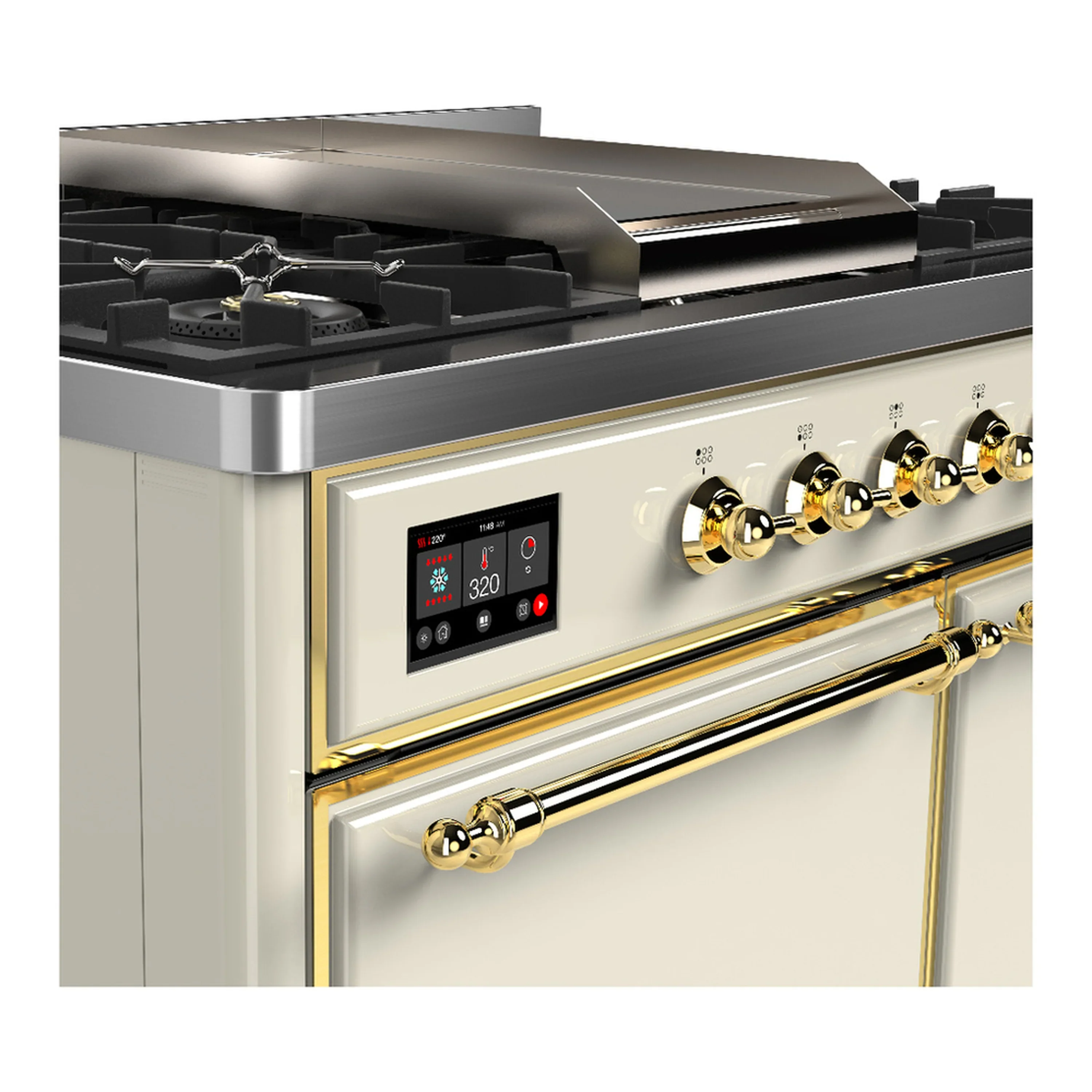 ILVE Majestic III 40-inch Dual Fuel Range with 6 Natural Gas Burner, Griddle and Solid Door Electric Oven in Antique White with Brass Trim (UMD40FQNR3AWG) - Image 7